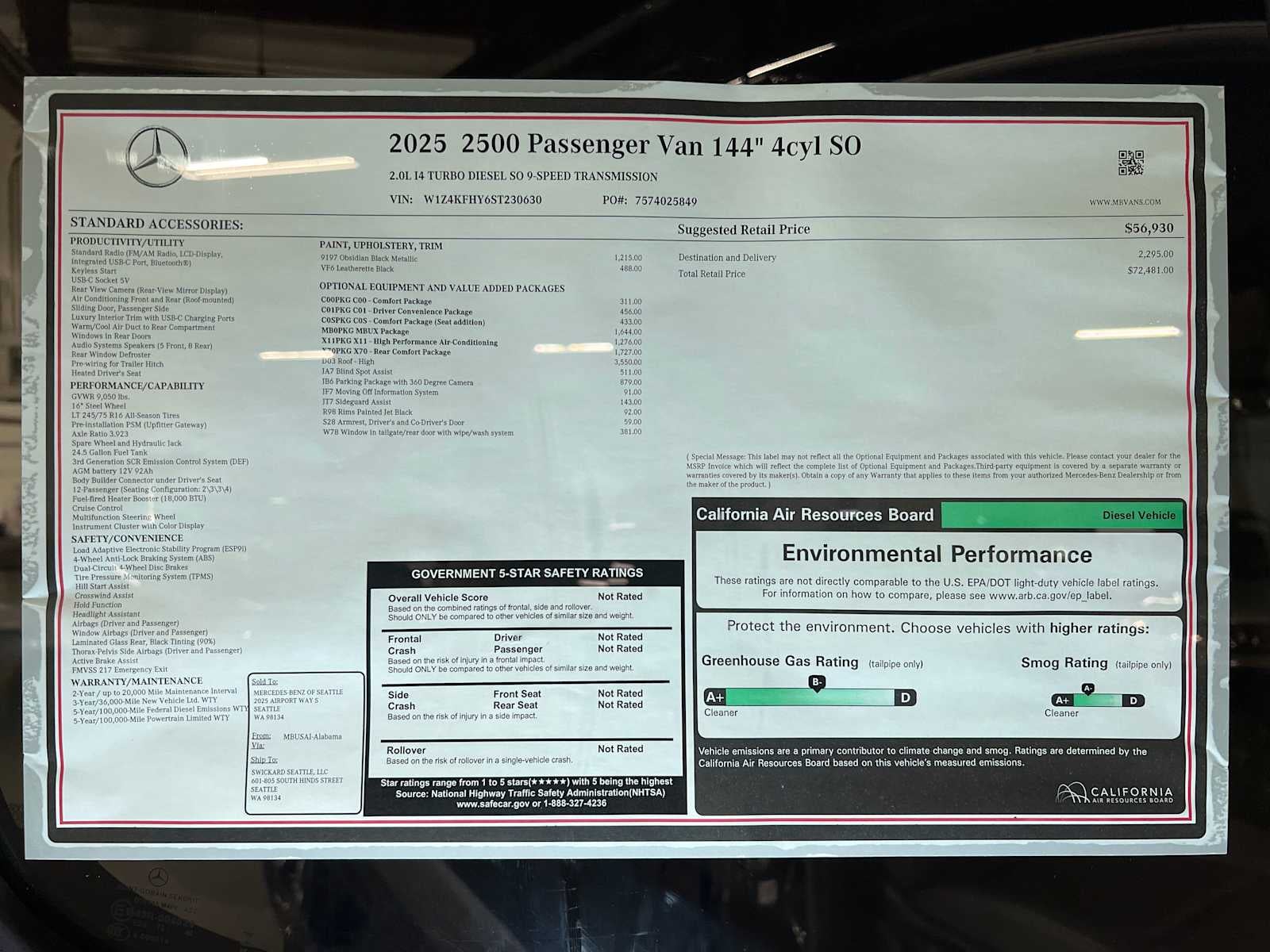 2025 Mercedes-Benz Sprinter 2500 Standard Roof I4 Diesel 144" RWD
