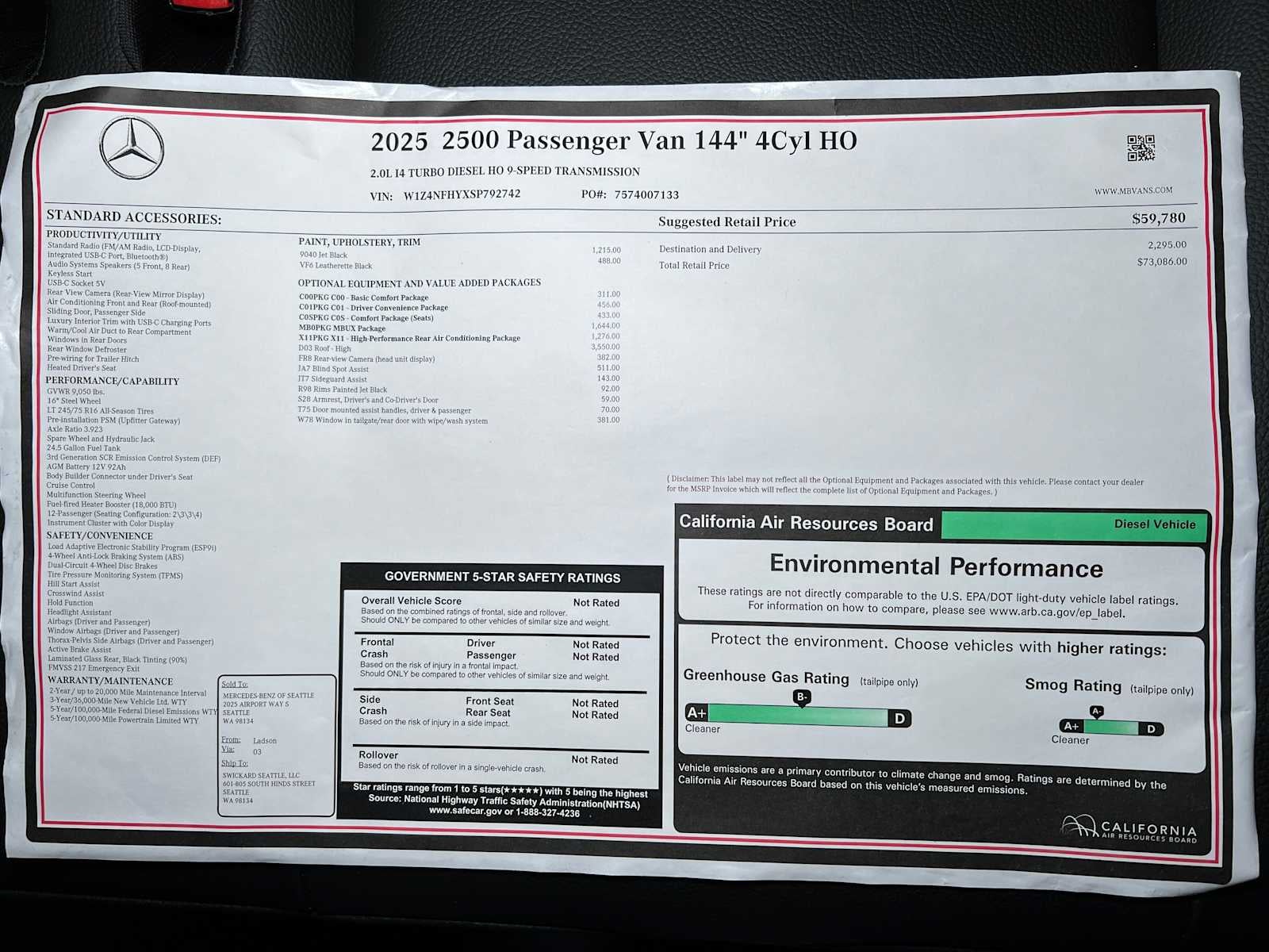 2025 Mercedes-Benz Sprinter 2500 Standard Roof I4 Diesel HO 144" RWD