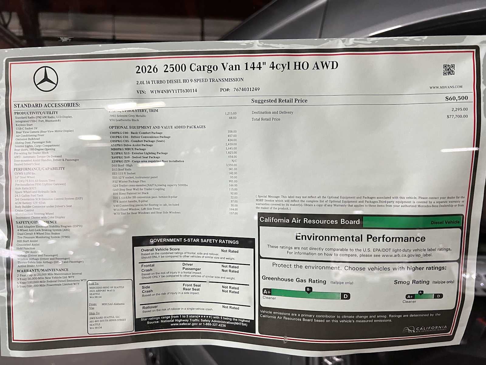 2026 Mercedes-Benz Sprinter Cargo 2500 Standard Roof I4 Diesel HO 144 AWD