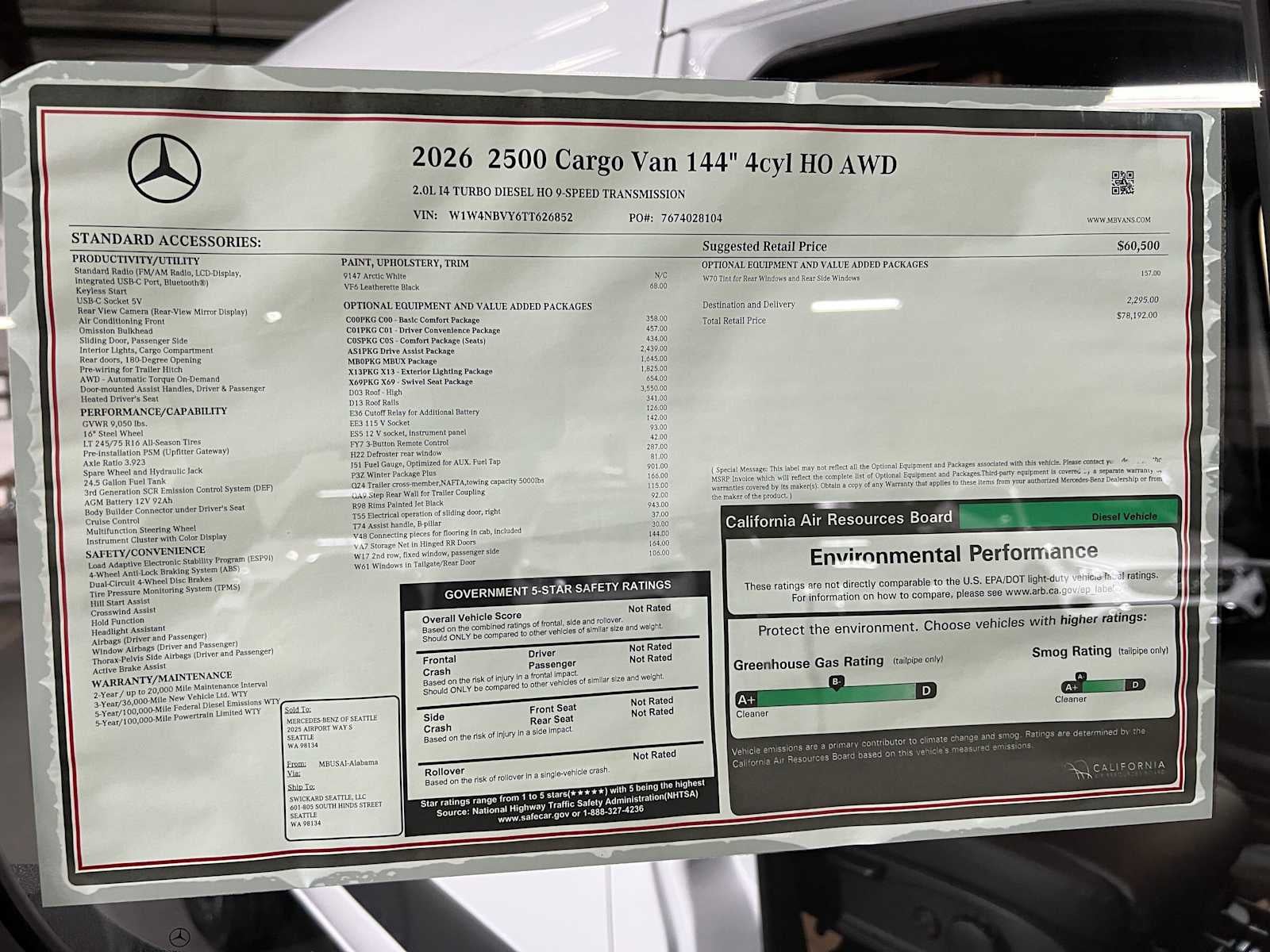 2026 Mercedes-Benz Sprinter Cargo 2500 Standard Roof I4 Diesel HO 144 AWD