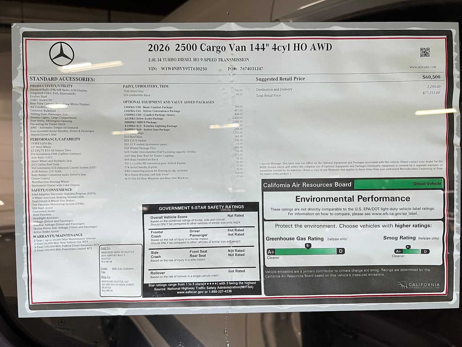 2026 Mercedes-Benz Sprinter Cargo 2500 Standard Roof I4 Diesel HO 144 AWD
