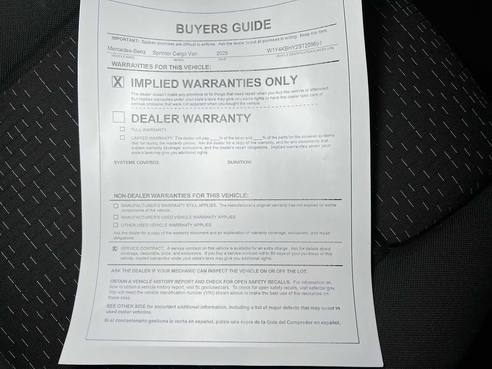 2025 Mercedes-Benz Sprinter Cargo Van 2500 Standard Roof I4 Diesel 144" RWD