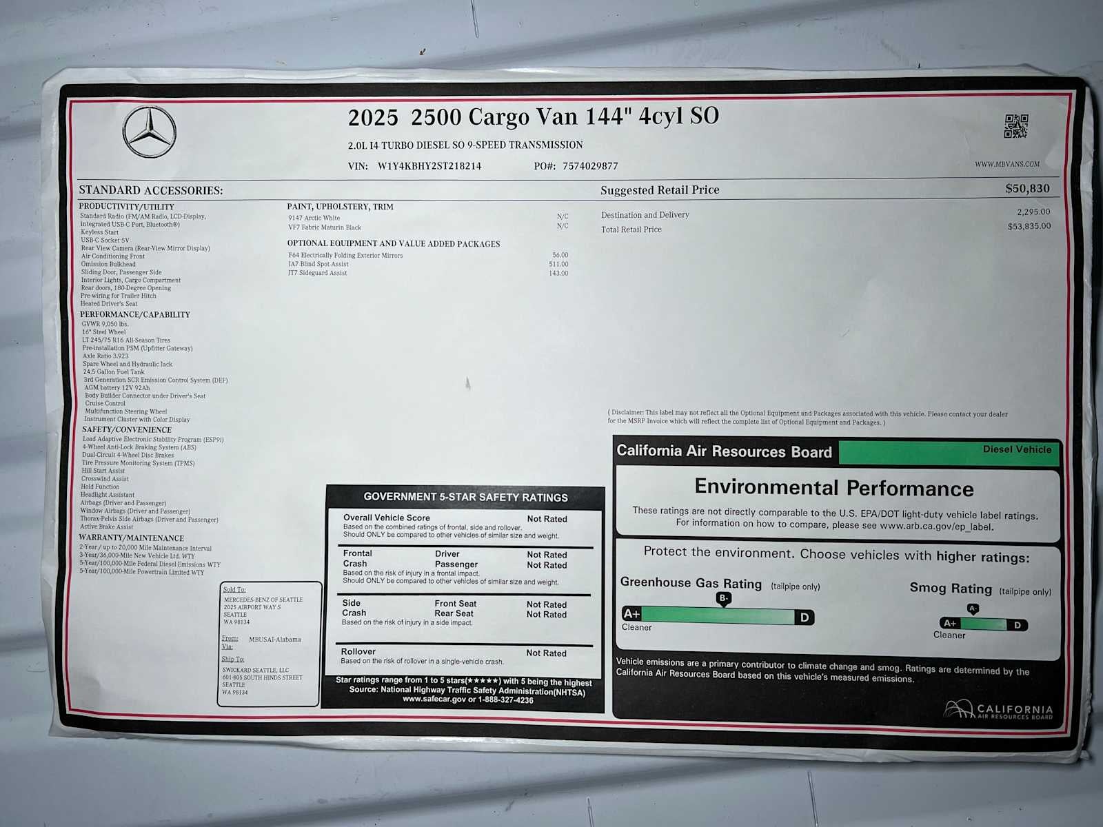 2025 Mercedes-Benz Sprinter Cargo Van 2500 Standard Roof I4 Diesel 144" RWD