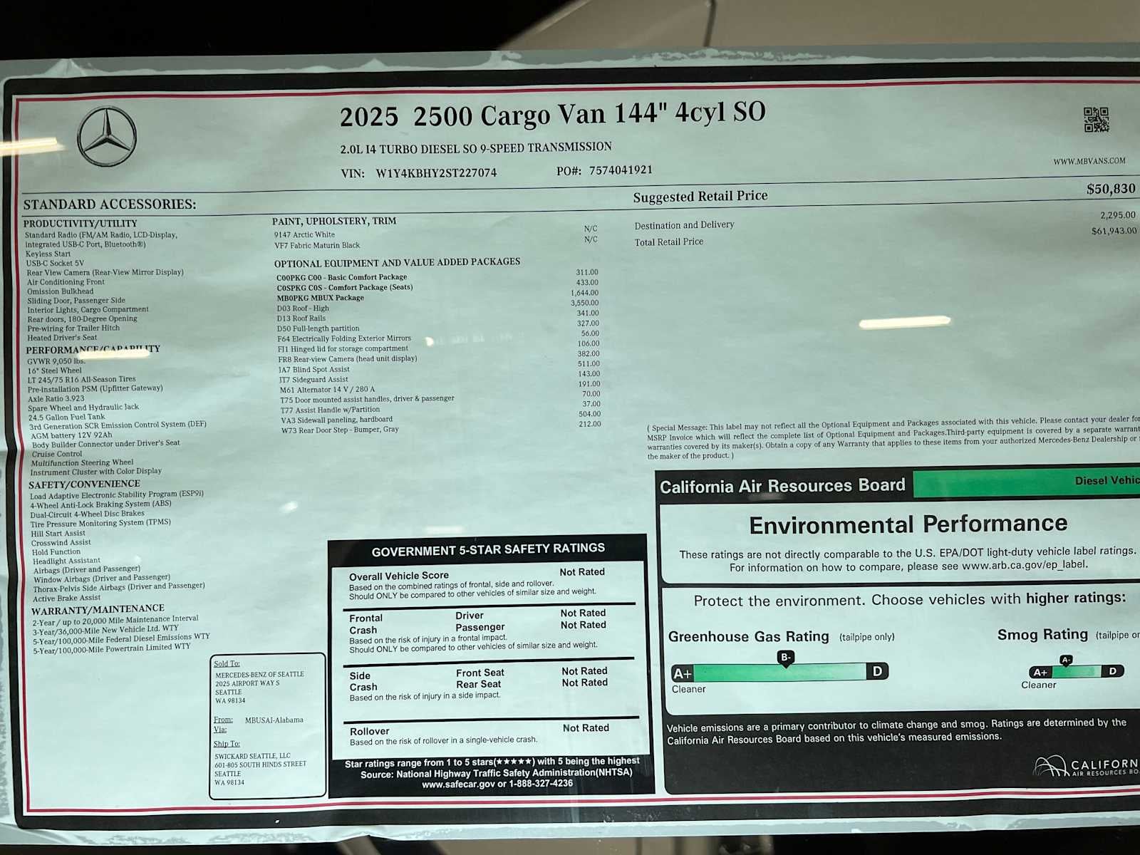 2025 Mercedes-Benz Sprinter Cargo Van 2500 Standard Roof I4 Diesel 144" RWD