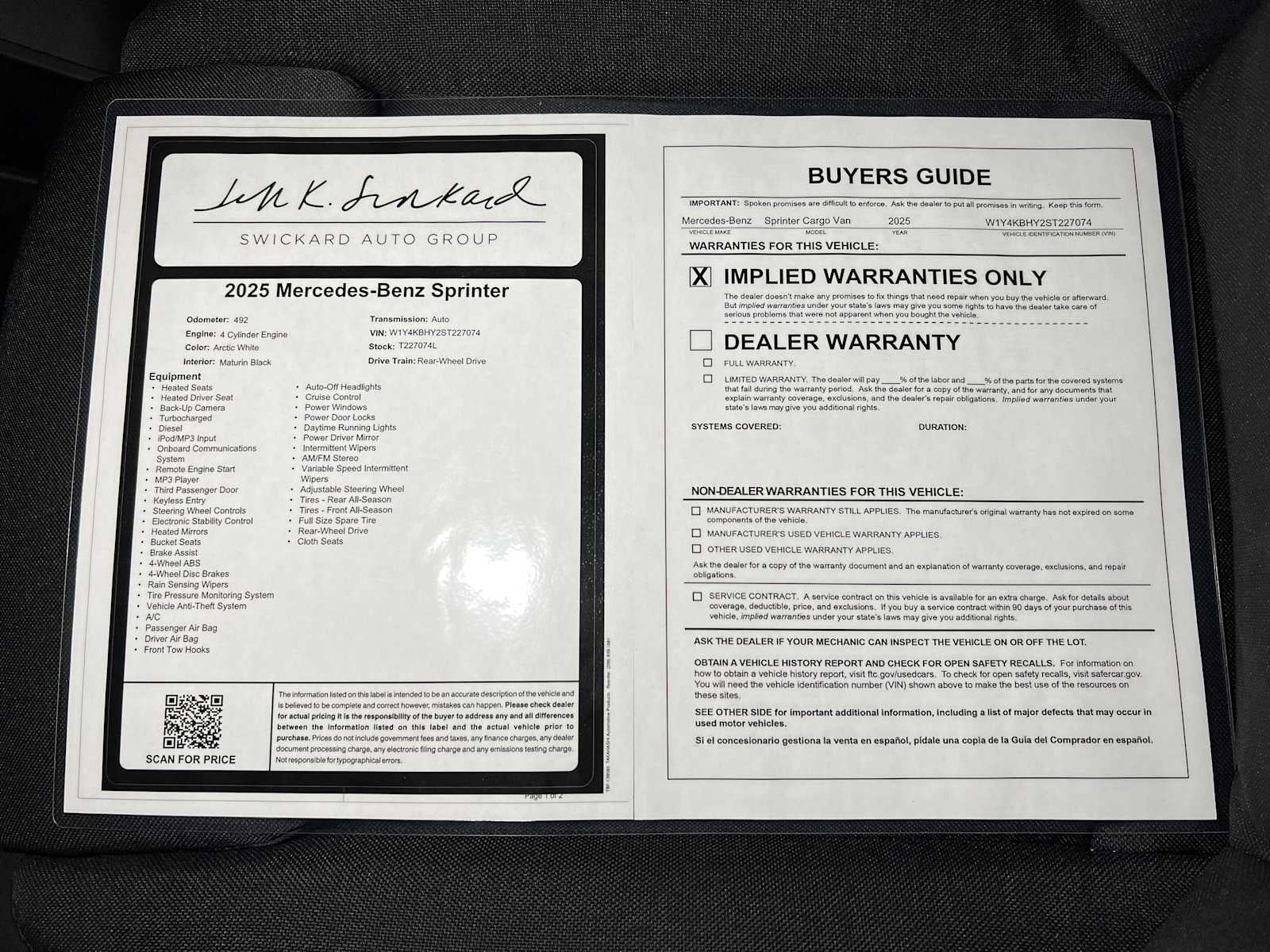 2025 Mercedes-Benz Sprinter Cargo Van 2500 Standard Roof I4 Diesel 144 RWD