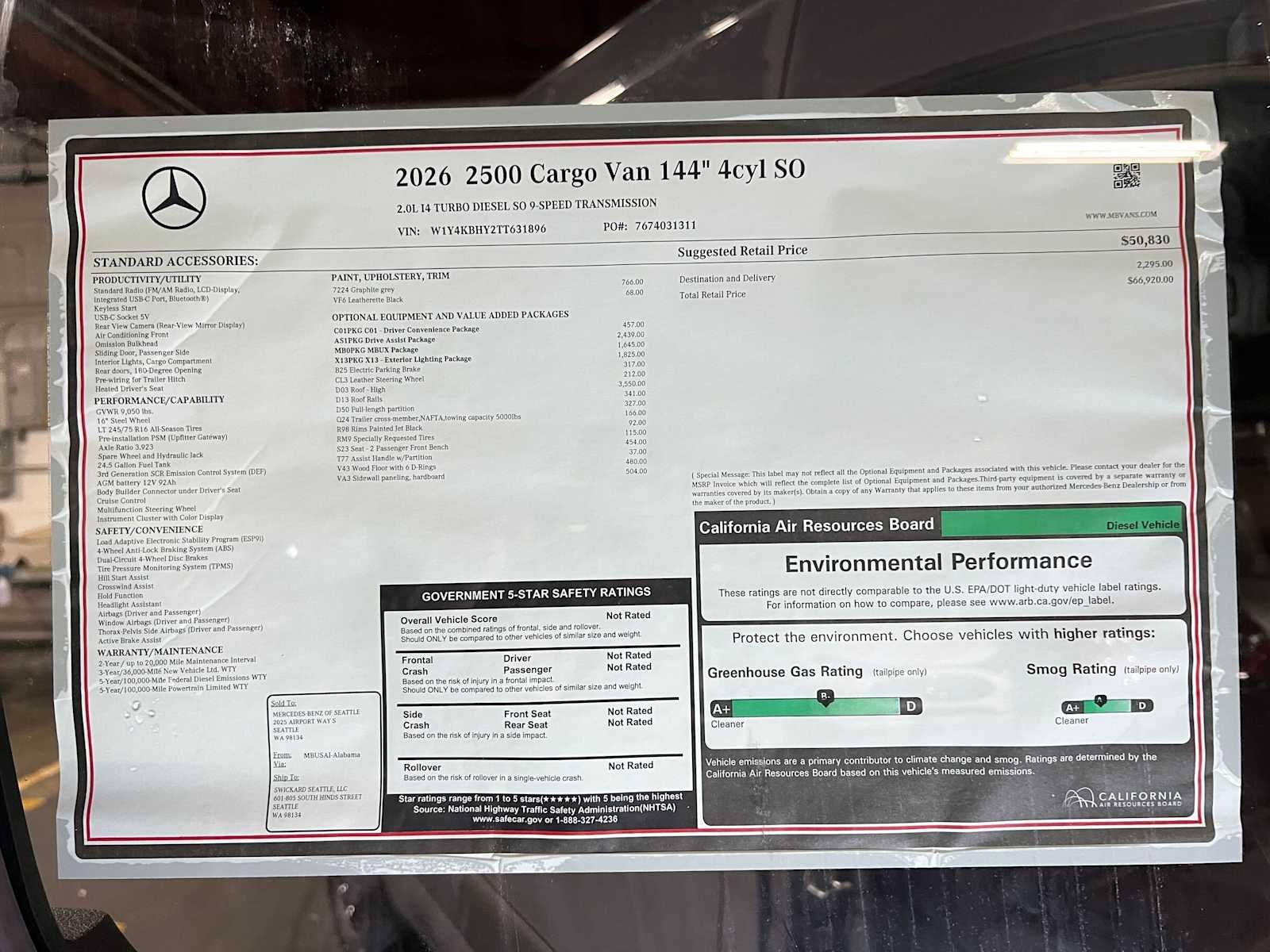 2026 Mercedes-Benz Sprinter Cargo 2500 Standard Roof I4 Diesel 144 RWD