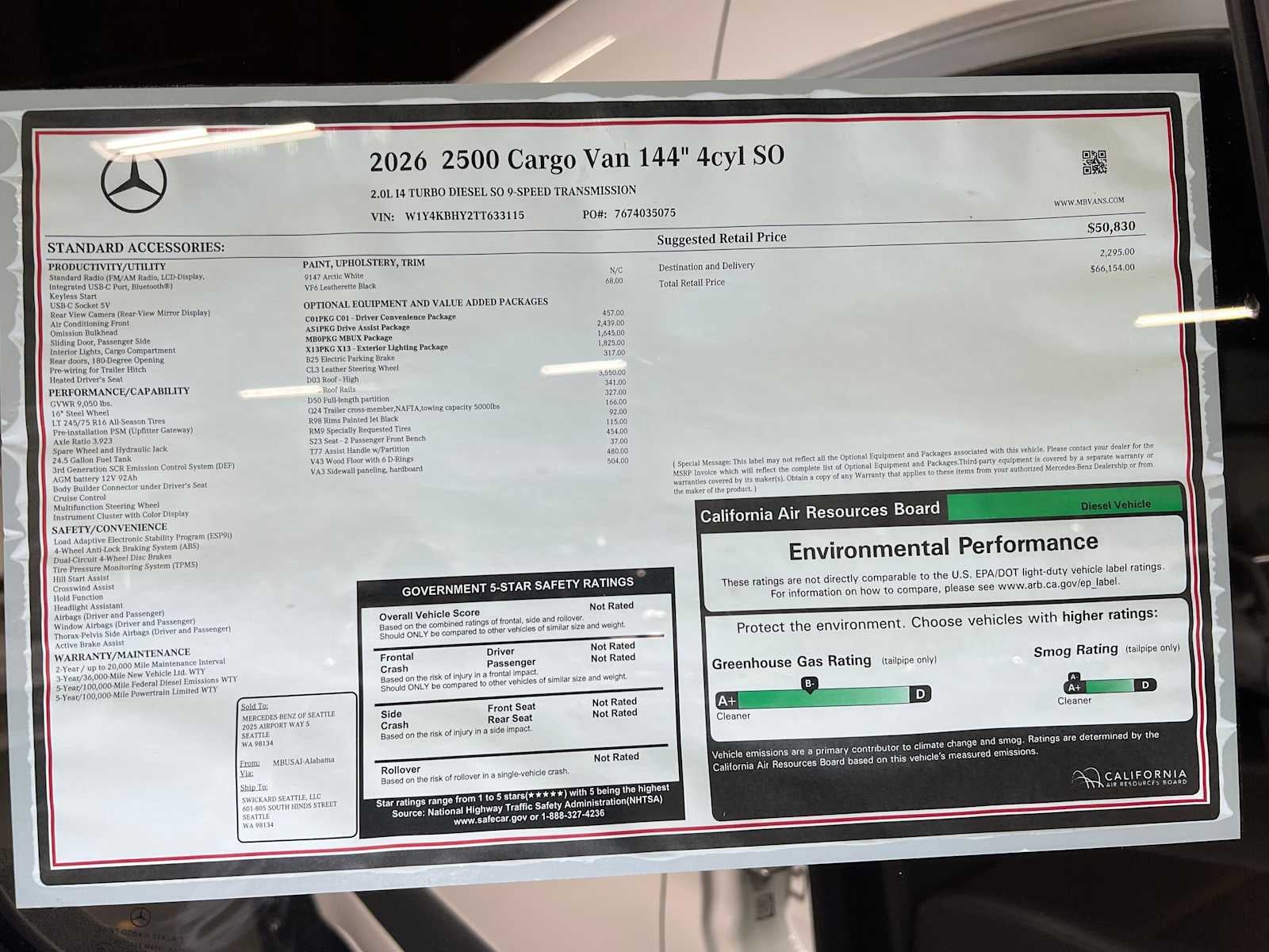 2026 Mercedes-Benz Sprinter Cargo 2500 Standard Roof I4 Diesel 144 RWD