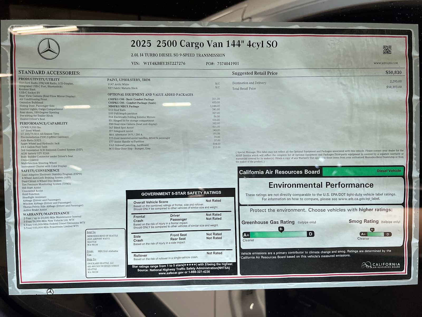 2025 Mercedes-Benz Sprinter Cargo Van 2500 Standard Roof I4 Diesel 144" RWD