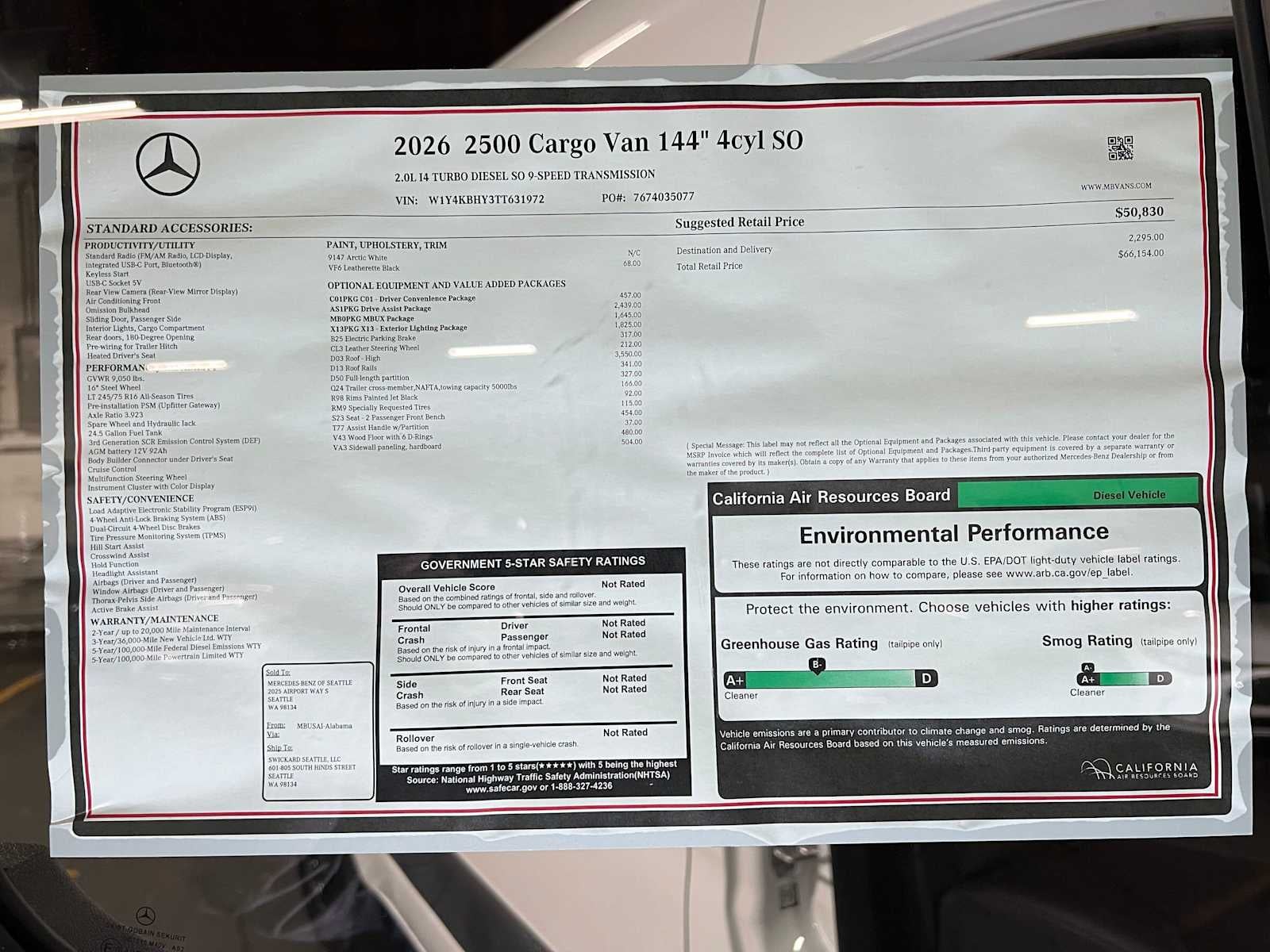 2026 Mercedes-Benz Sprinter Cargo 2500 Standard Roof I4 Diesel 144 RWD
