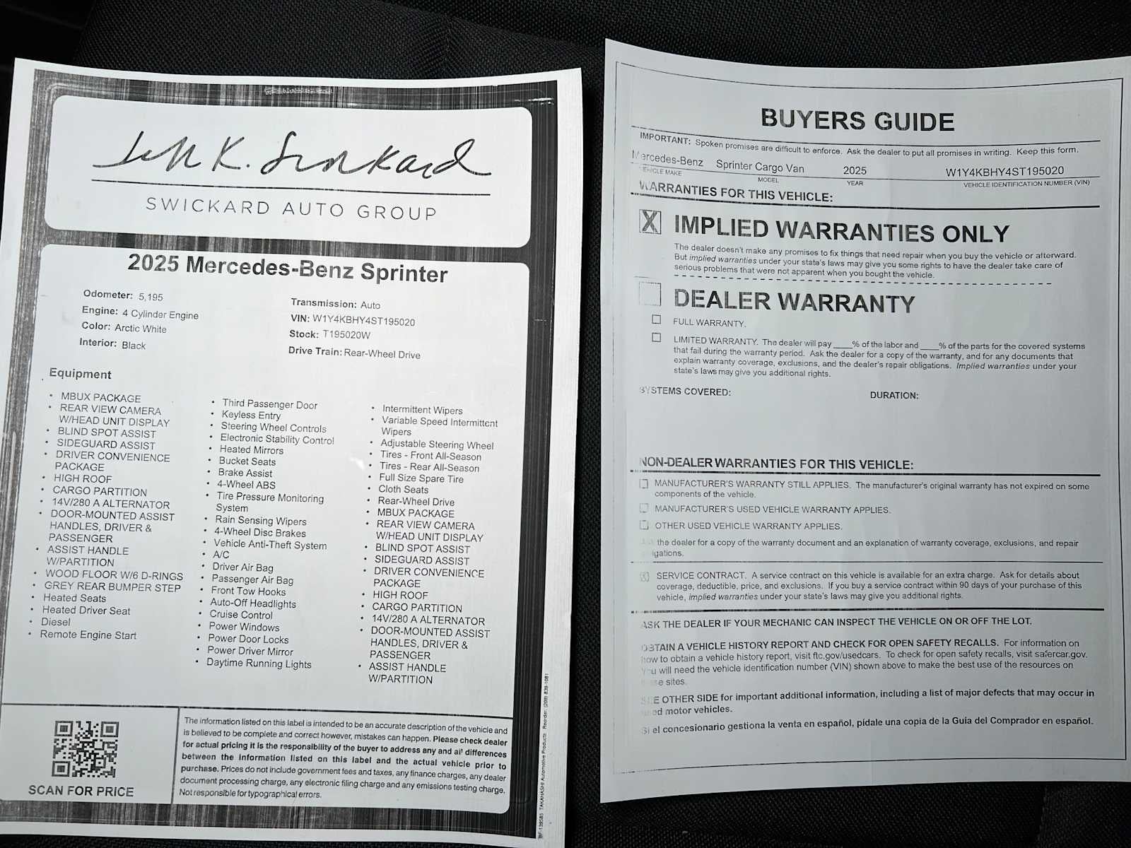 2025 Mercedes-Benz Sprinter Cargo Van 2500 Standard Roof I4 Diesel 144" RWD