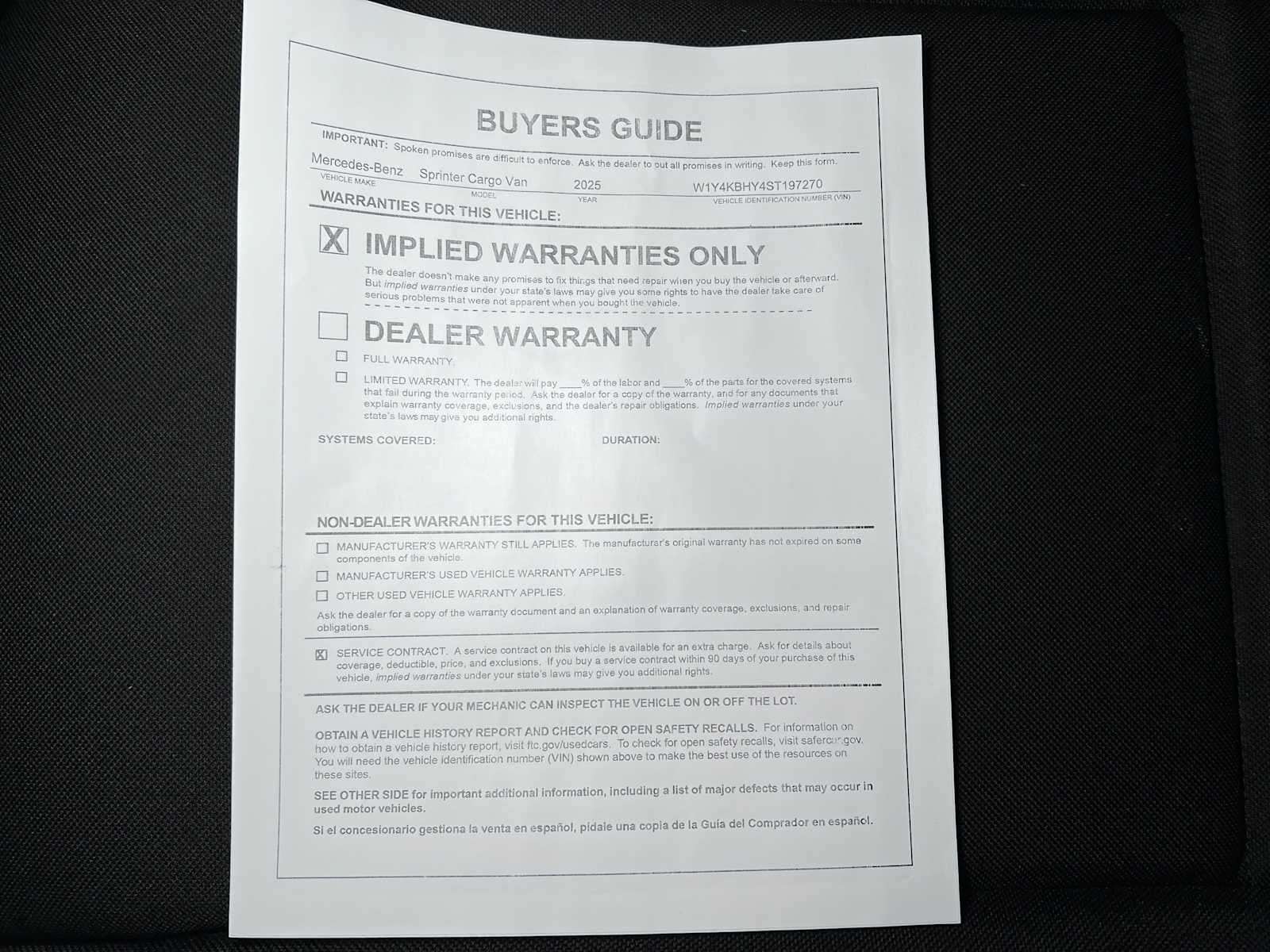 2025 Mercedes-Benz Sprinter Cargo Van 2500 Standard Roof I4 Diesel 144" RWD