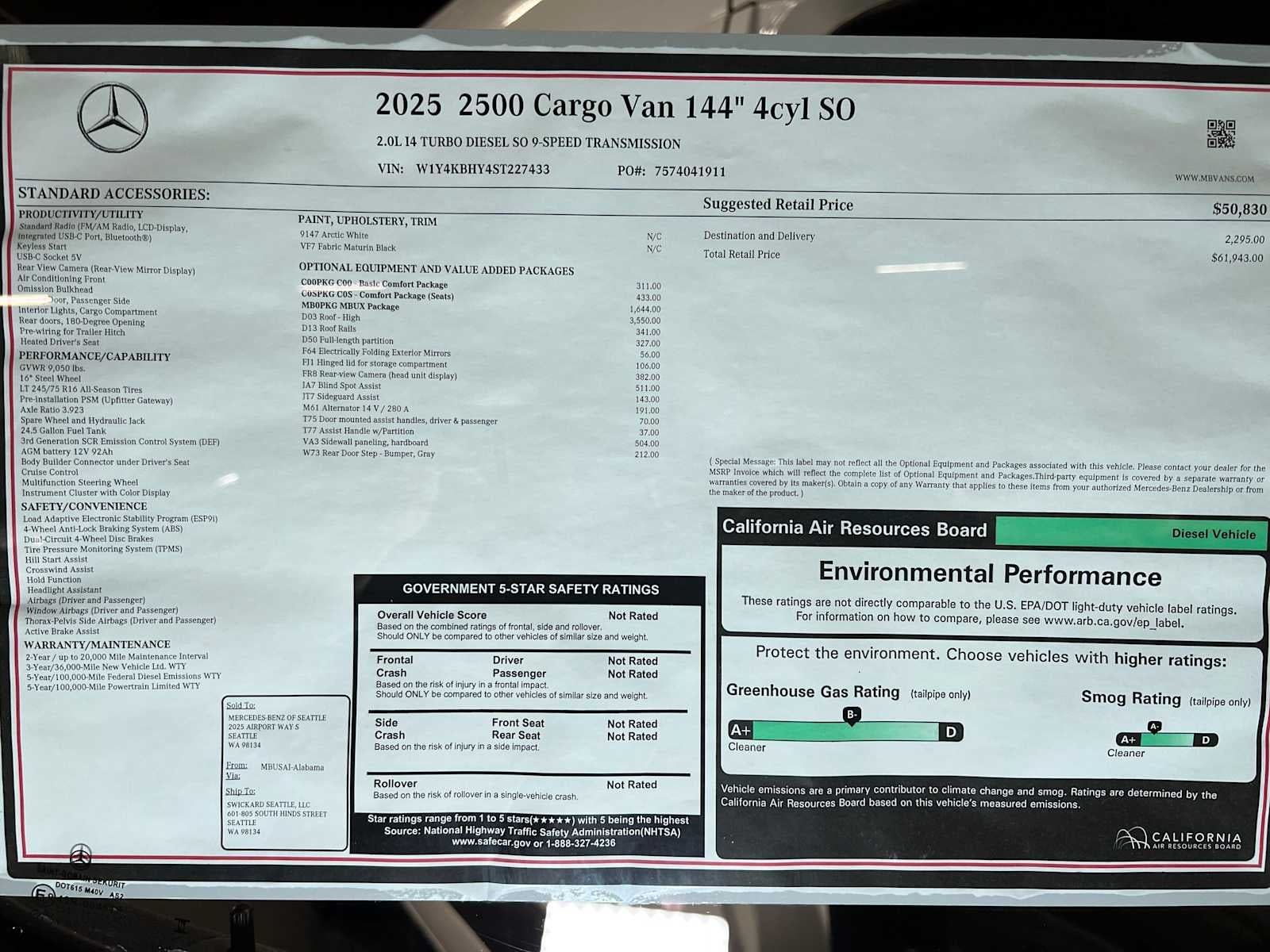 2025 Mercedes-Benz Sprinter Cargo Van 2500 Standard Roof I4 Diesel 144" RWD