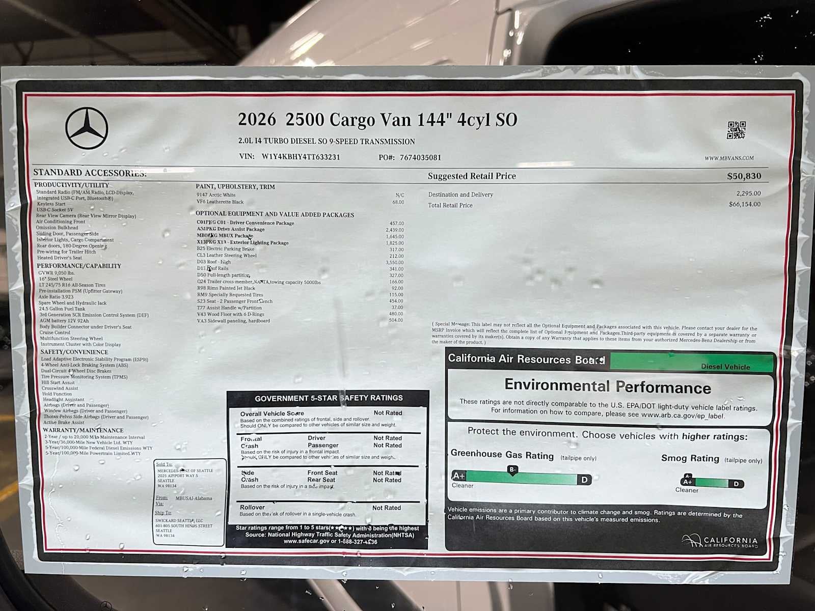 2026 Mercedes-Benz Sprinter Cargo 2500 Standard Roof I4 Diesel 144 RWD