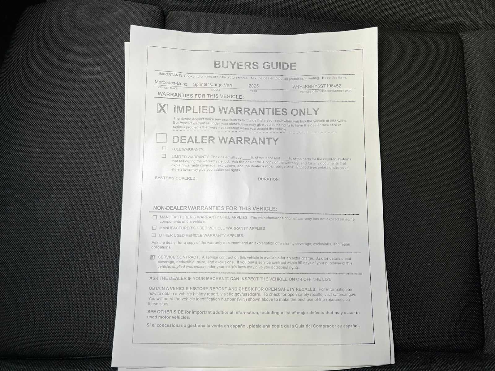 2025 Mercedes-Benz Sprinter Cargo Van 2500 Standard Roof I4 Diesel 144" RWD