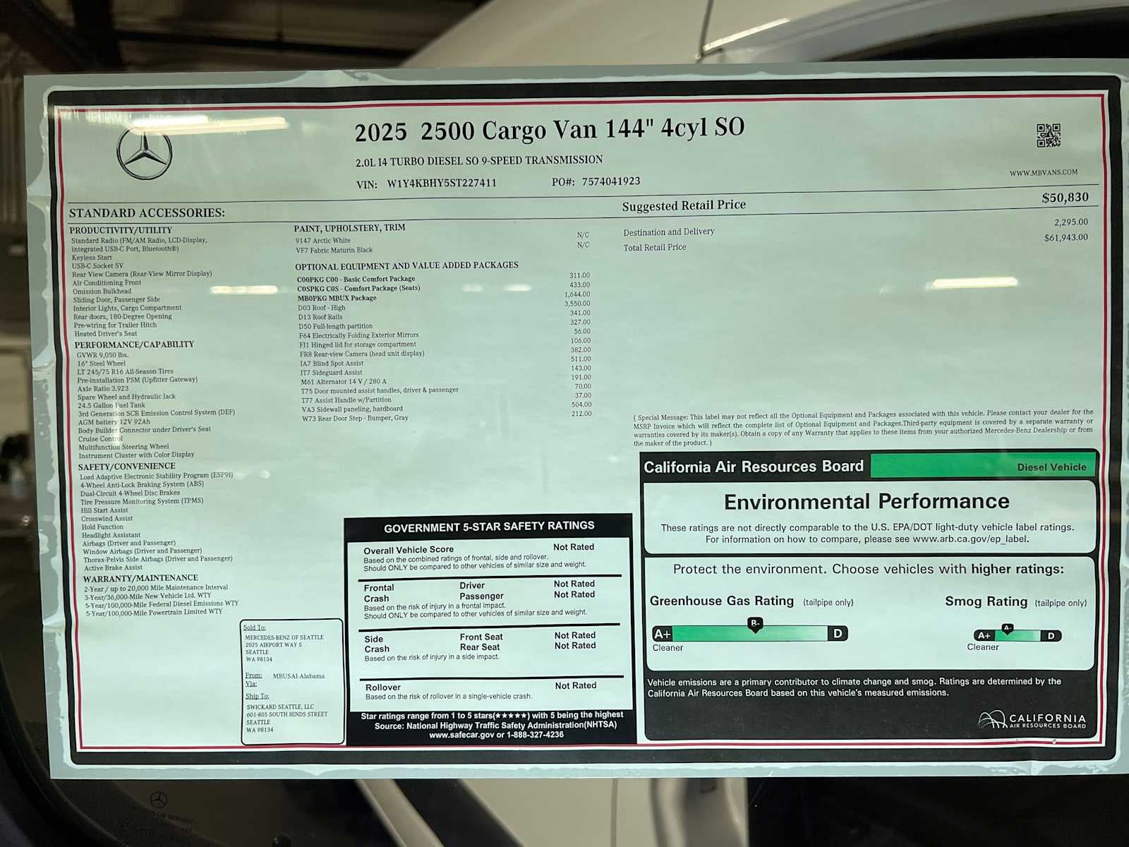 2025 Mercedes-Benz Sprinter Cargo Van 2500 Standard Roof I4 Diesel 144" RWD