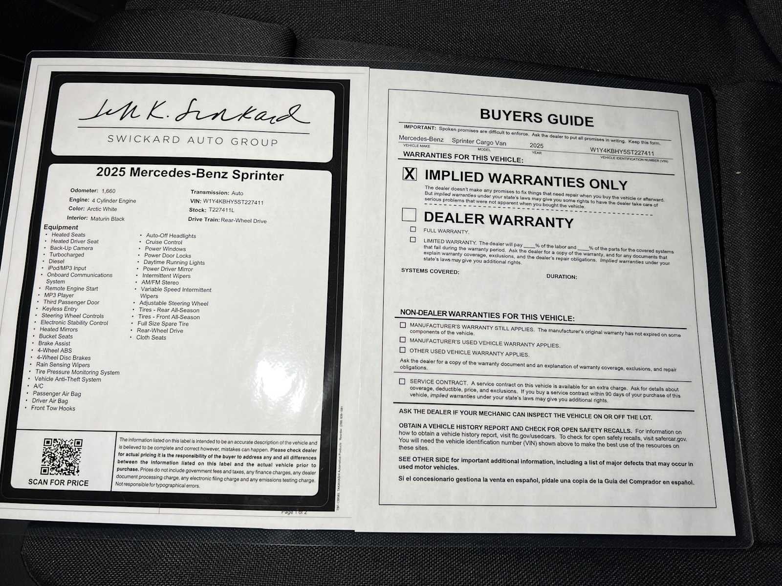 2025 Mercedes-Benz Sprinter Cargo Van 2500 Standard Roof I4 Diesel 144 RWD