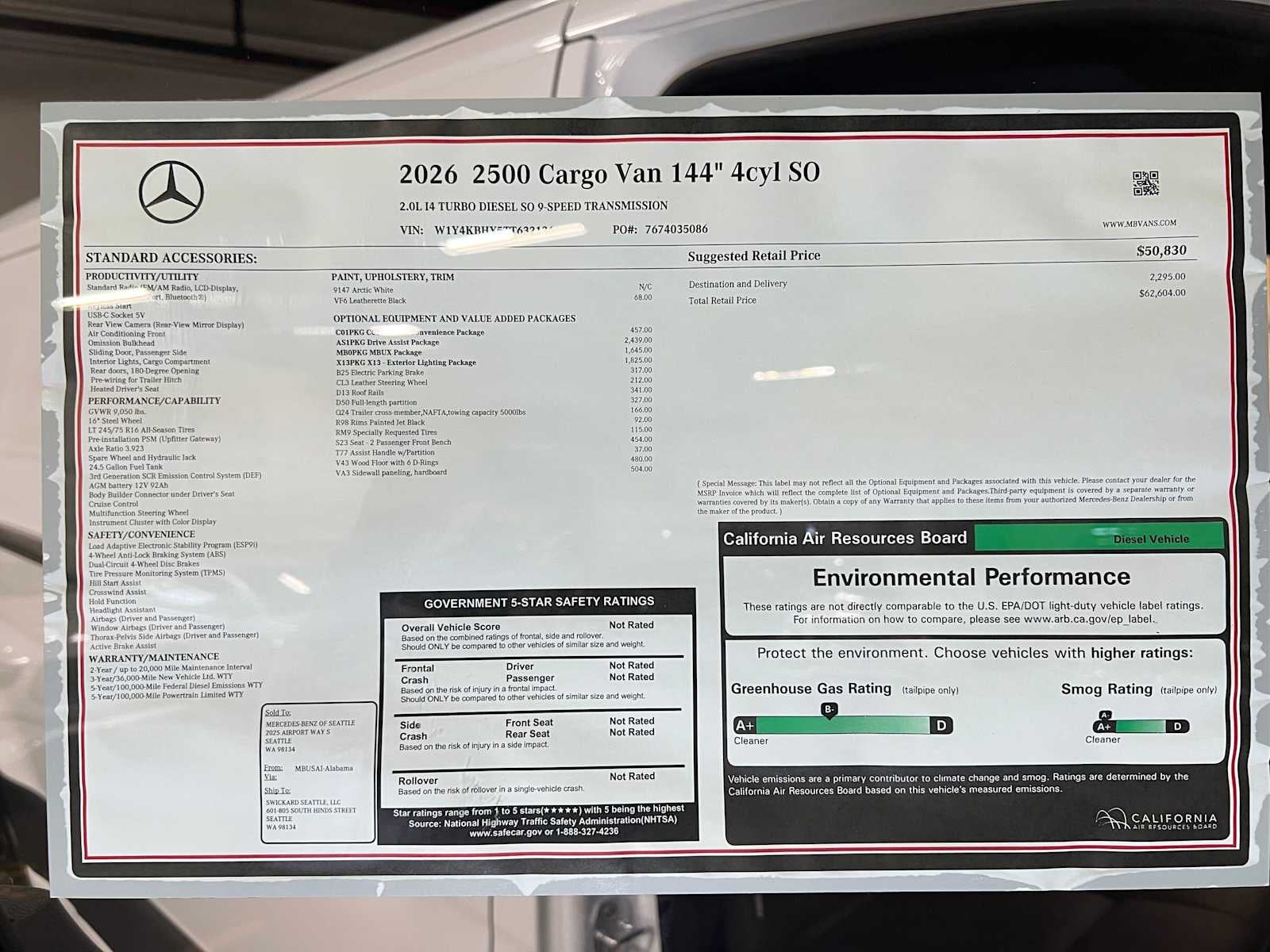 2026 Mercedes-Benz Sprinter Cargo 2500 Standard Roof I4 Diesel 144 RWD