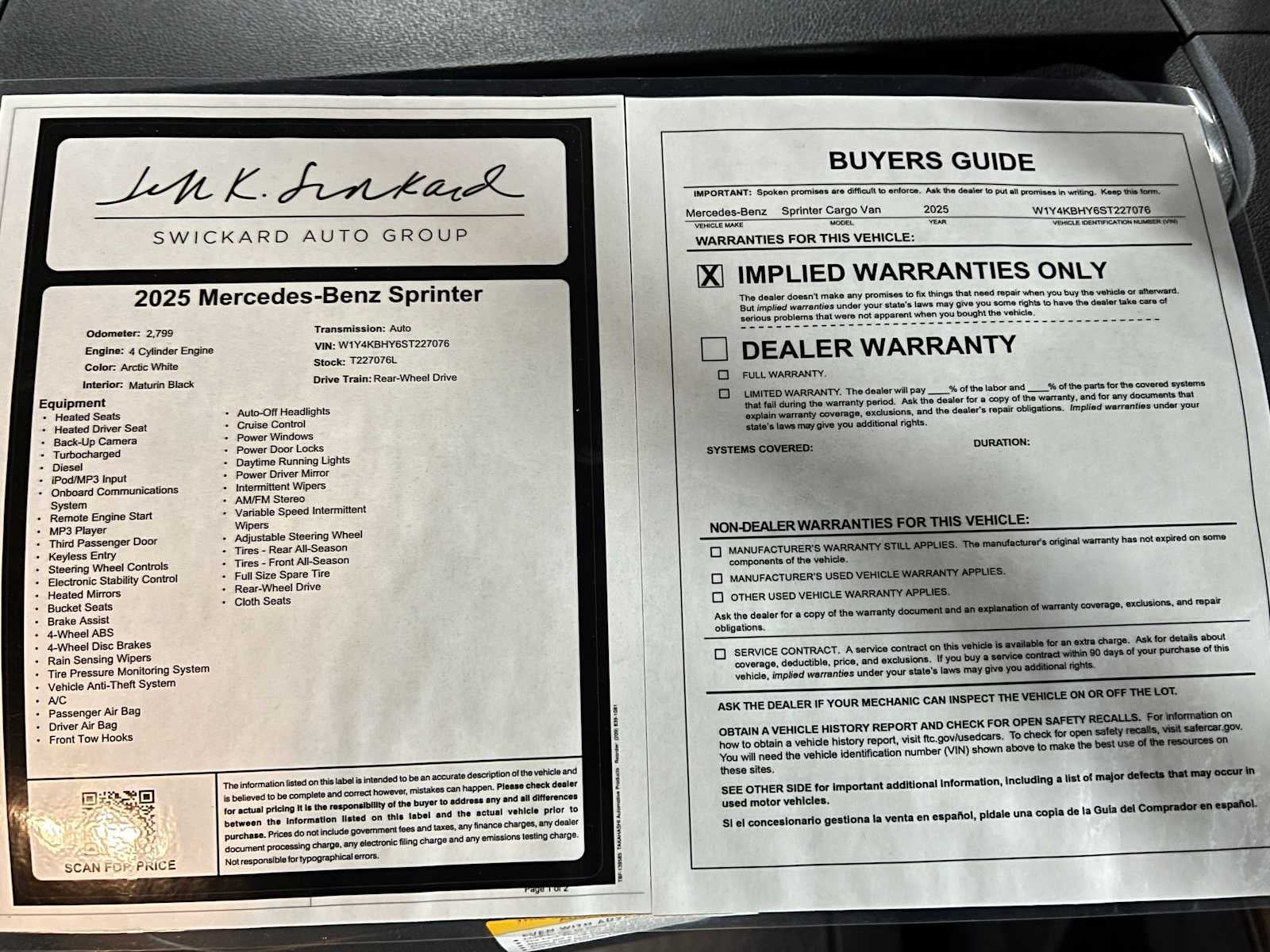 2025 Mercedes-Benz Sprinter Cargo Van 2500 Standard Roof I4 Diesel 144 RWD