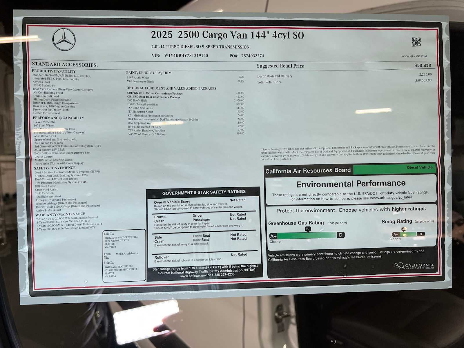 2025 Mercedes-Benz Sprinter Cargo Van 2500 Standard Roof I4 Diesel 144" RWD