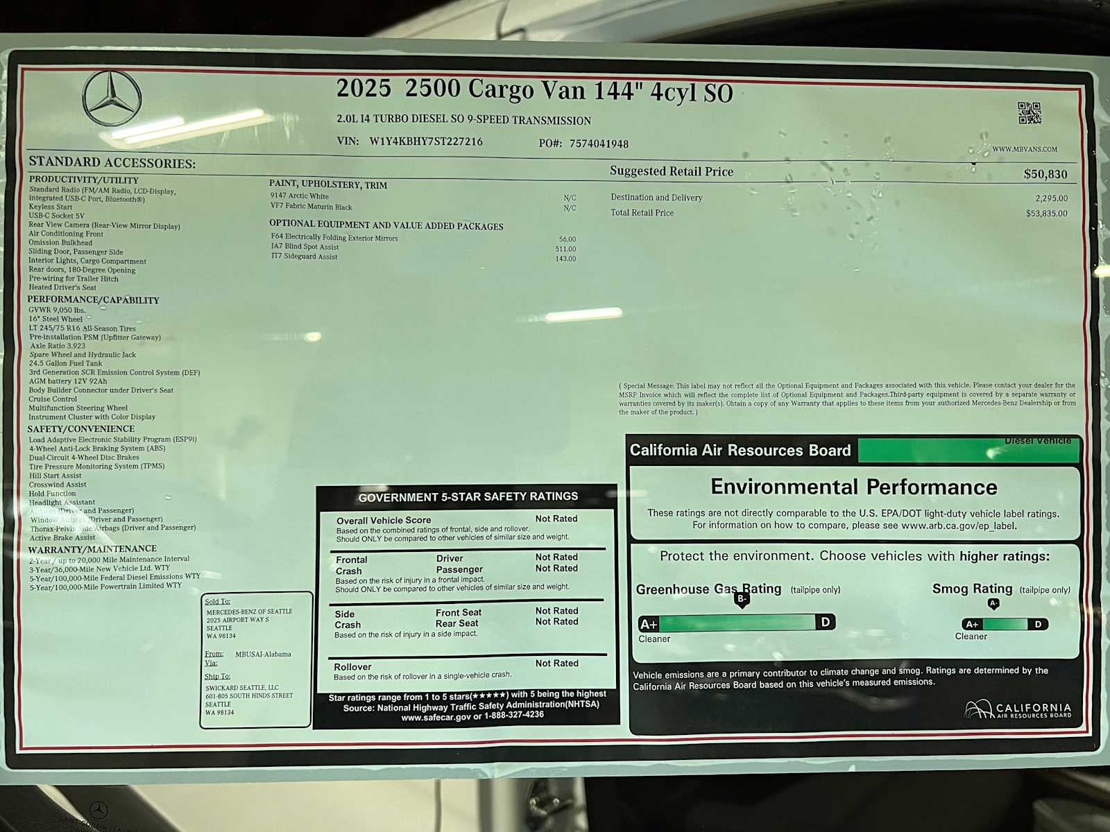 2025 Mercedes-Benz Sprinter Cargo Van 2500 Standard Roof I4 Diesel 144" RWD