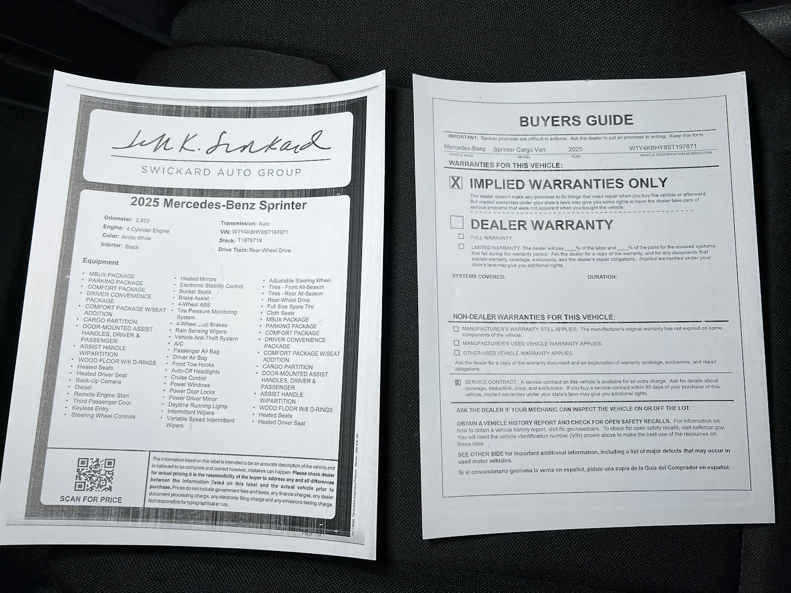 2025 Mercedes-Benz Sprinter Cargo Van 2500 Standard Roof I4 Diesel 144" RWD