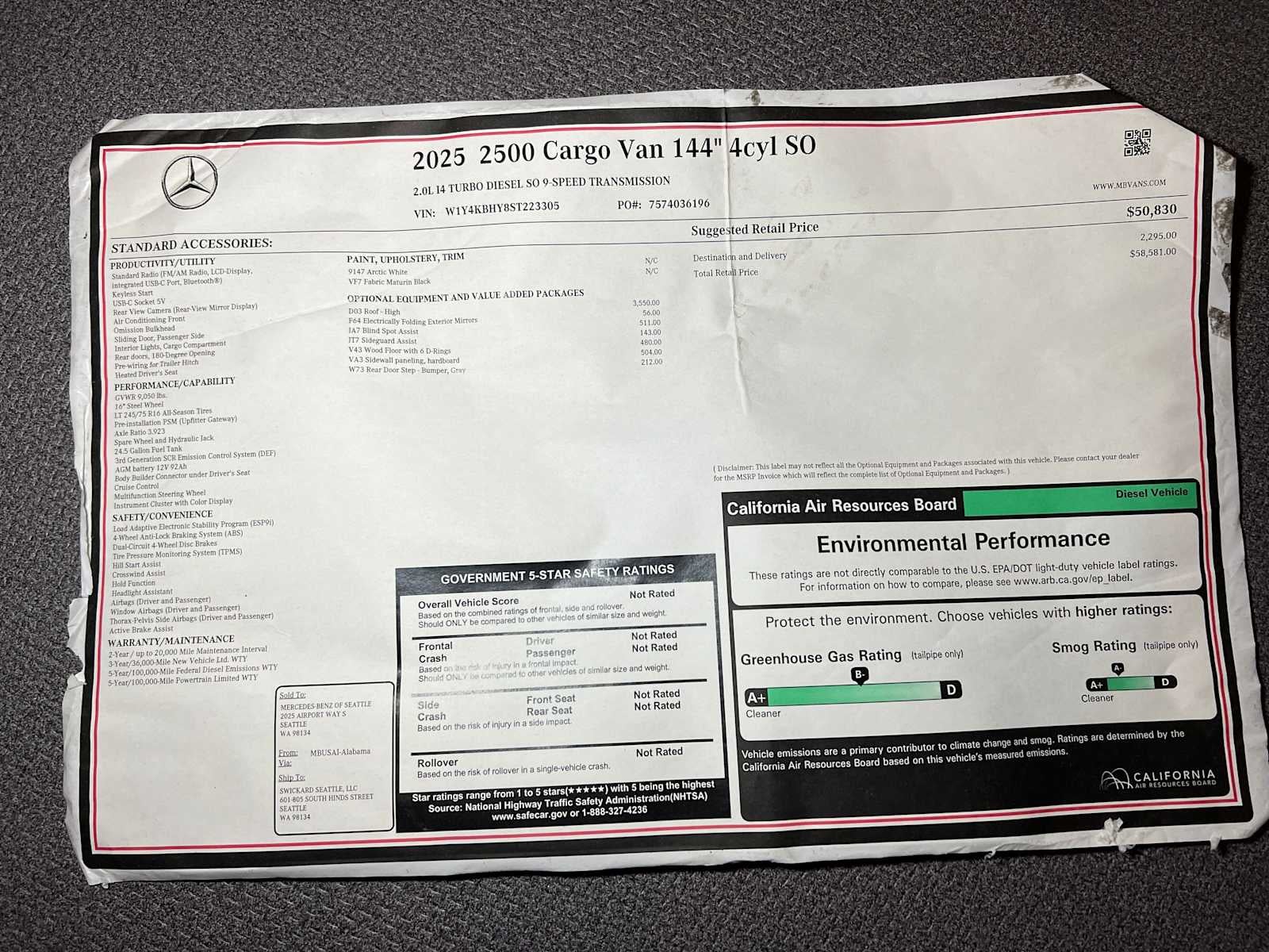 2025 Mercedes-Benz Sprinter Cargo Van 2500 Standard Roof I4 Diesel 144 RWD