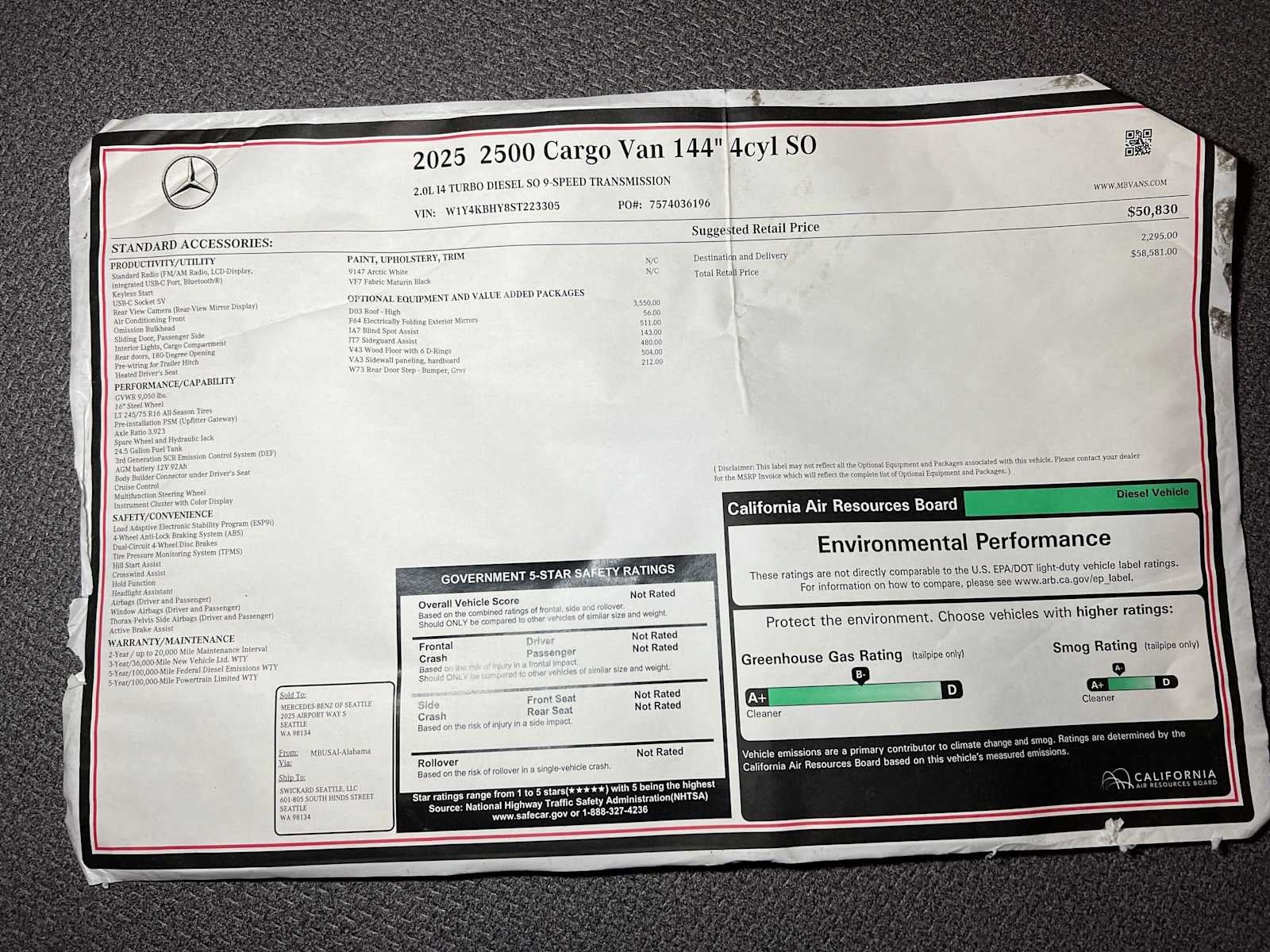 2025 Mercedes-Benz Sprinter Cargo 2500 Standard Roof I4 Diesel 144 RWD