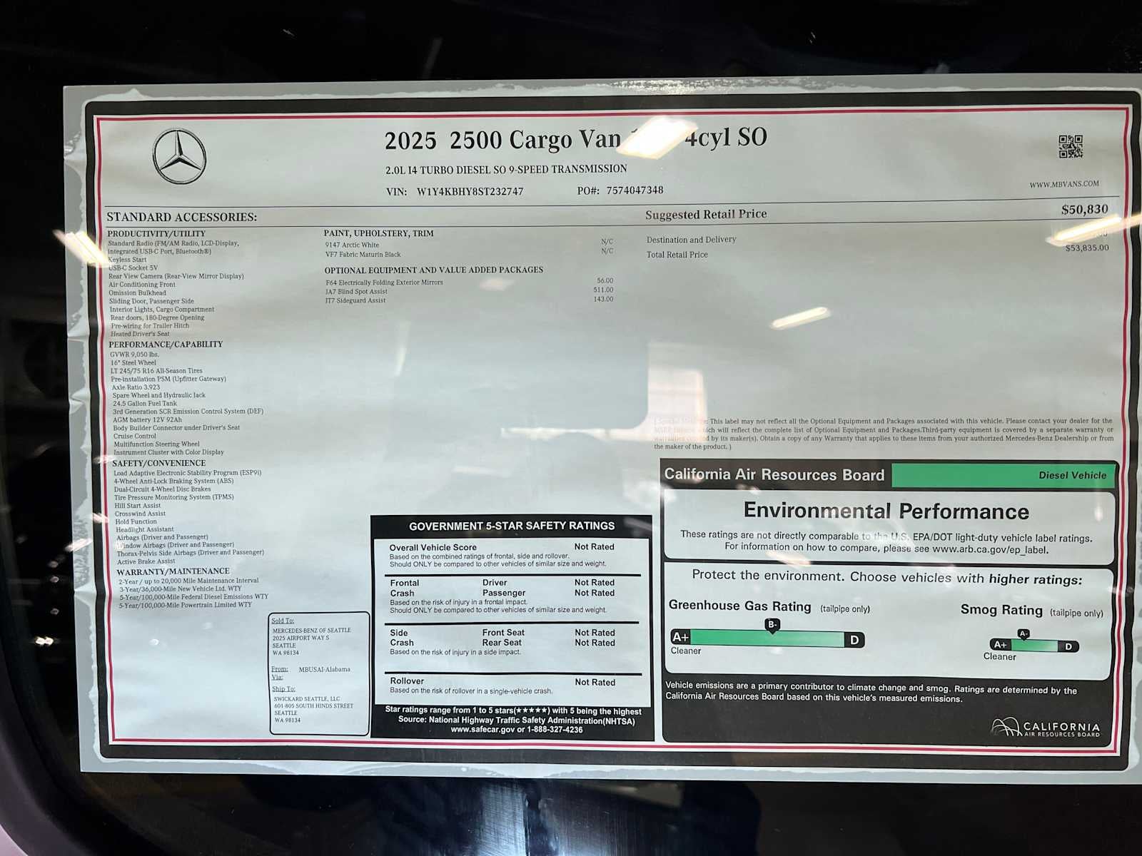 2025 Mercedes-Benz Sprinter Cargo Van 2500 Standard Roof I4 Diesel 144" RWD