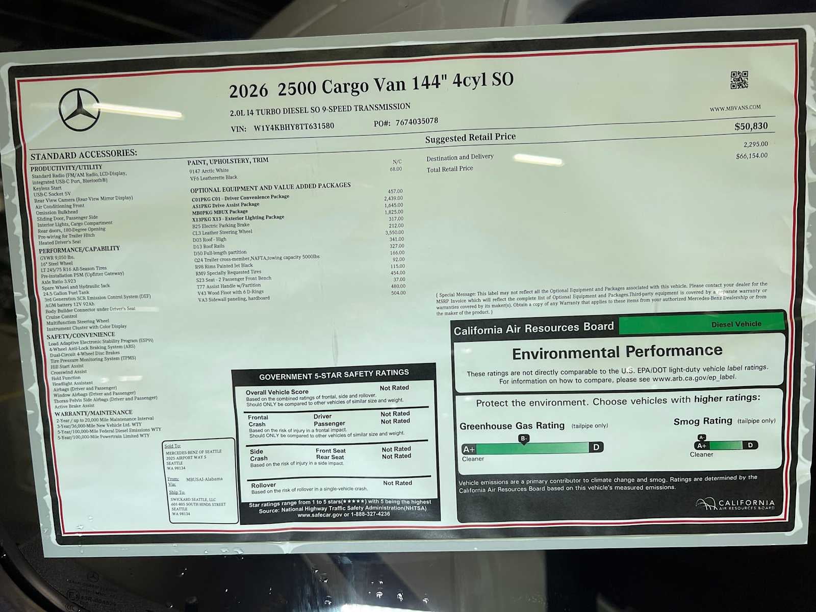 2026 Mercedes-Benz Sprinter Cargo 2500 Standard Roof I4 Diesel 144 RWD