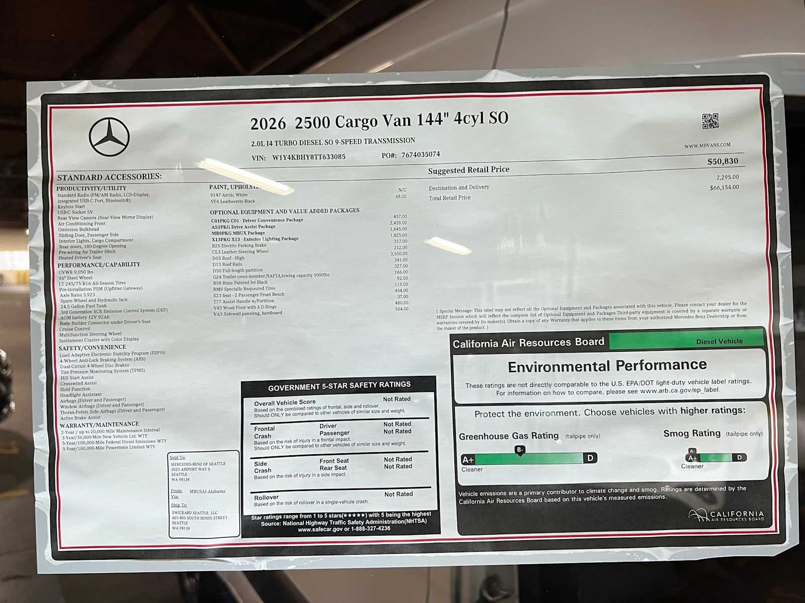 2026 Mercedes-Benz Sprinter Cargo 2500 Standard Roof I4 Diesel 144 RWD