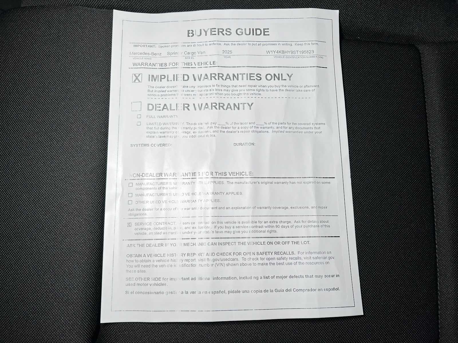 2025 Mercedes-Benz Sprinter Cargo Van 2500 Standard Roof I4 Diesel 144" RWD