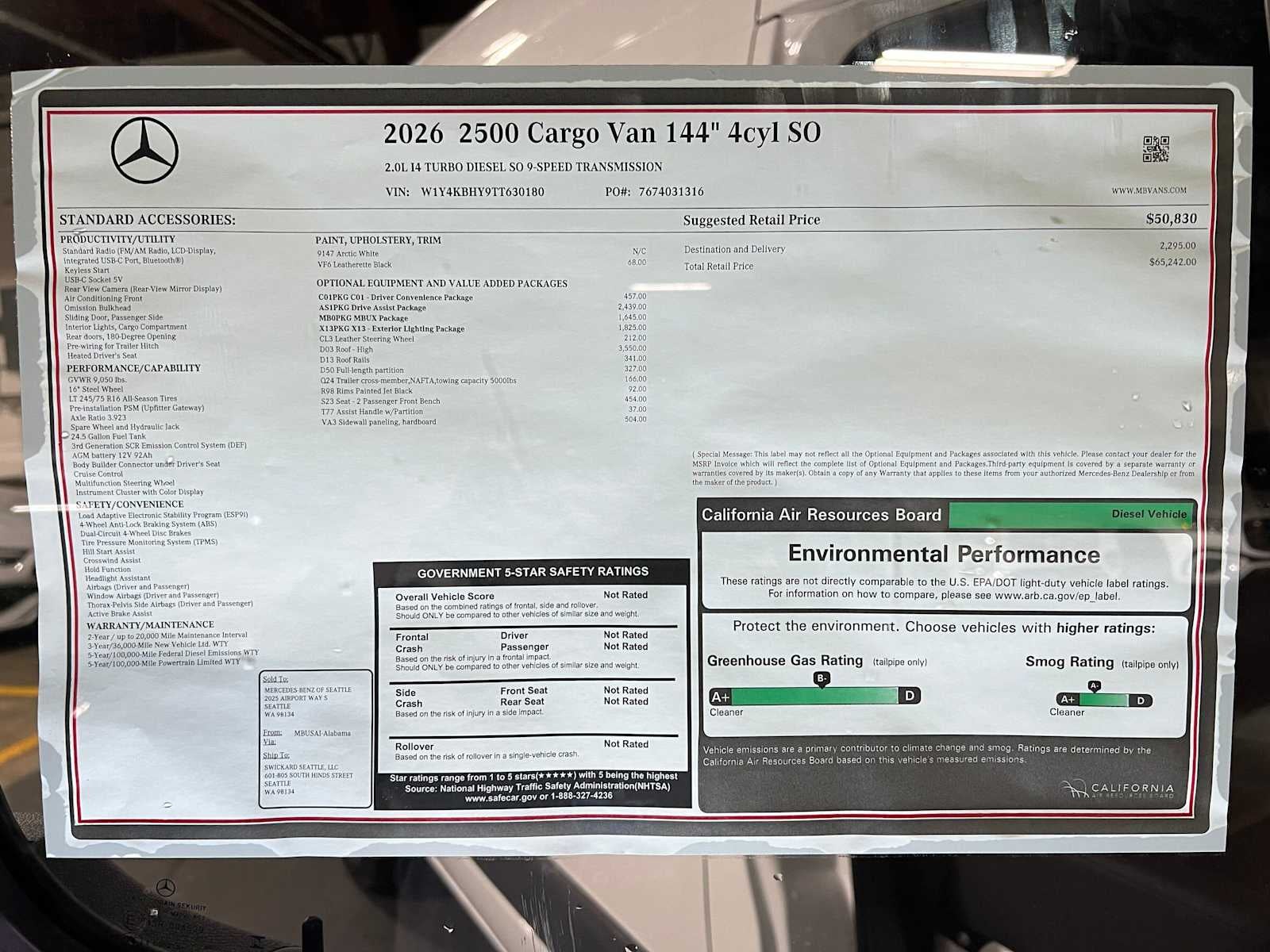 2026 Mercedes-Benz Sprinter Cargo 2500 Standard Roof I4 Diesel 144 RWD