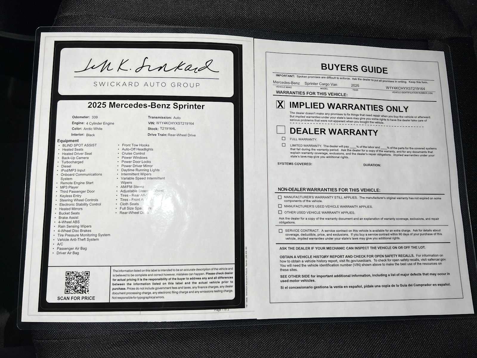 2025 Mercedes-Benz Sprinter Cargo Van 2500 High Roof I4 Diesel 170 RWD