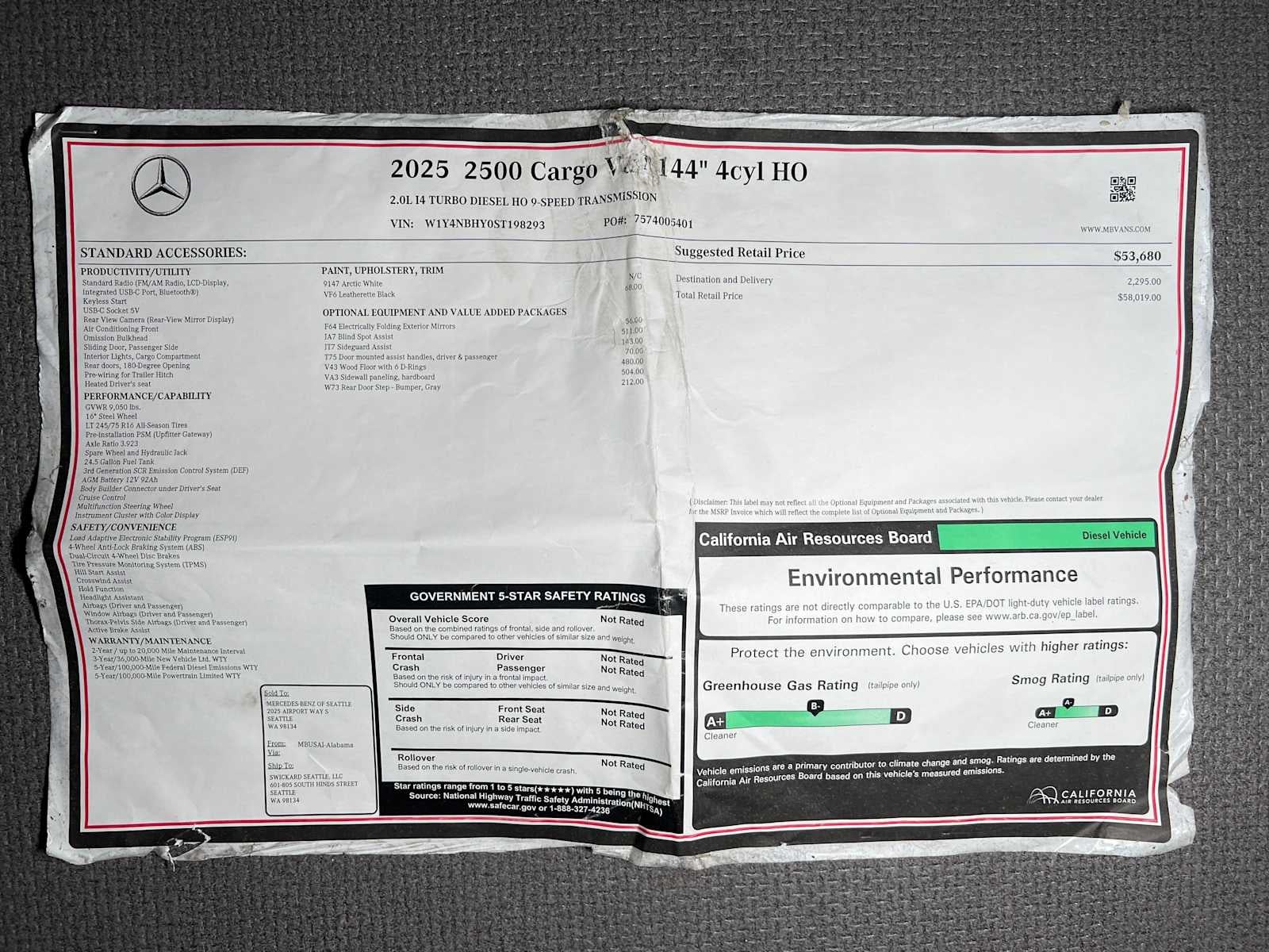 2025 Mercedes-Benz Sprinter Cargo Van 2500 Standard Roof I4 Diesel HO 144" RWD