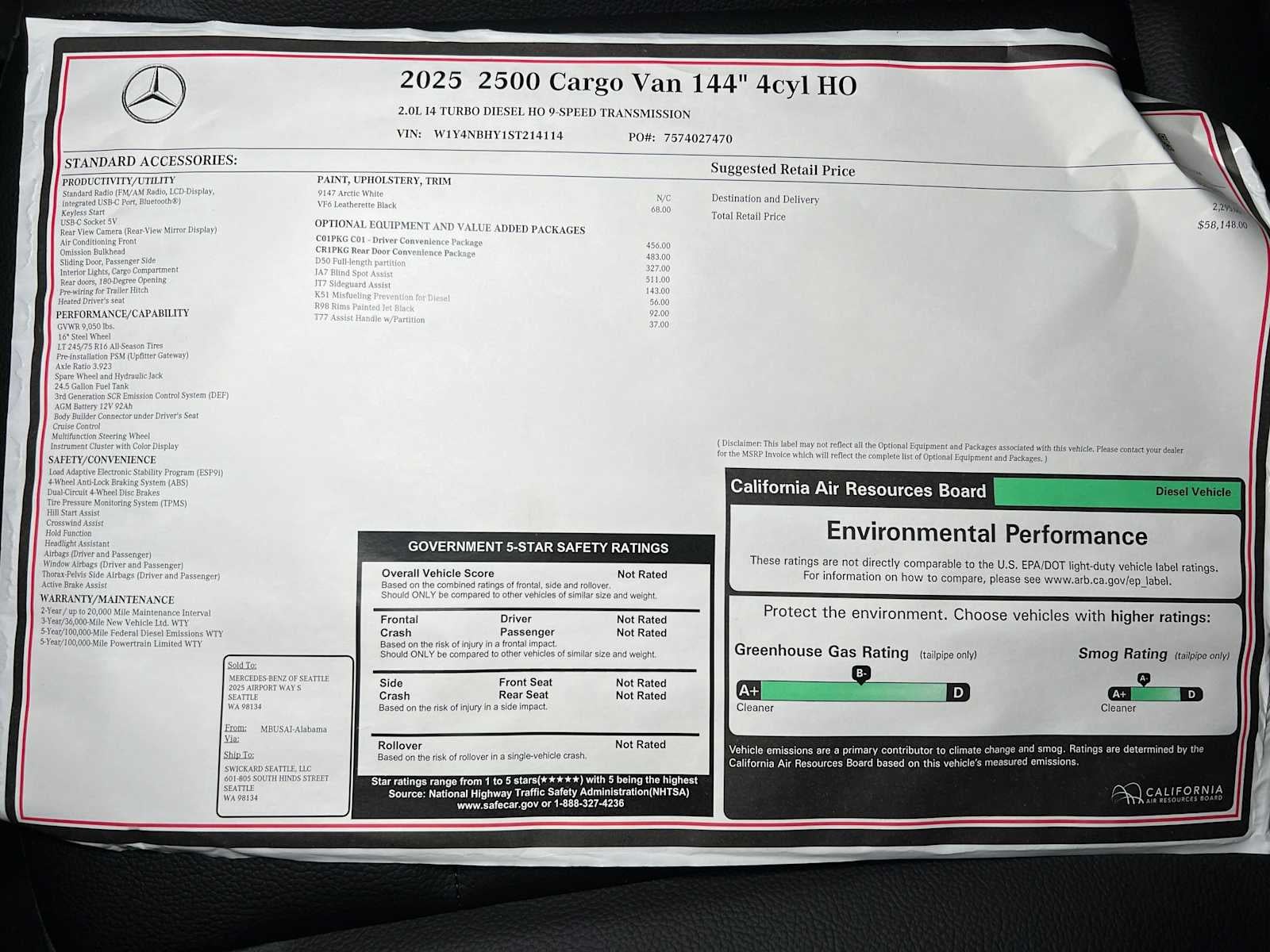 2025 Mercedes-Benz Sprinter Cargo Van 2500 Standard Roof I4 Diesel HO 144" RWD