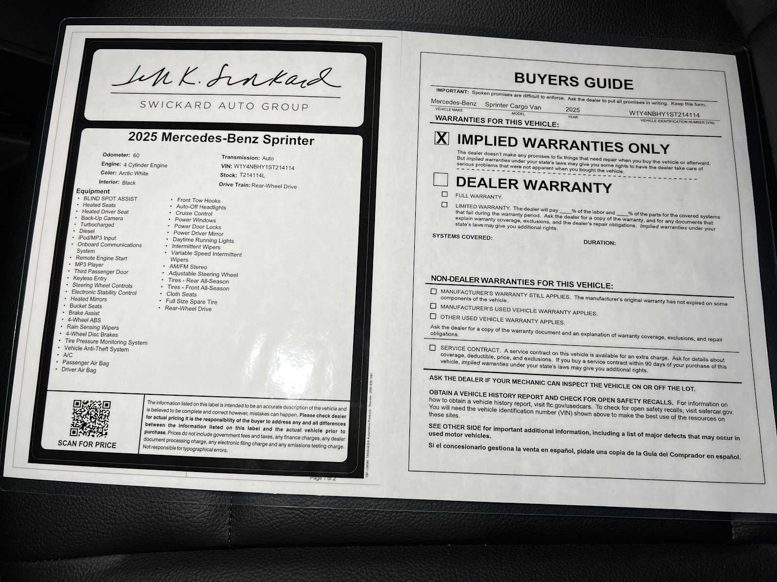 2025 Mercedes-Benz Sprinter Cargo Van 2500 Standard Roof I4 Diesel HO 144 RWD