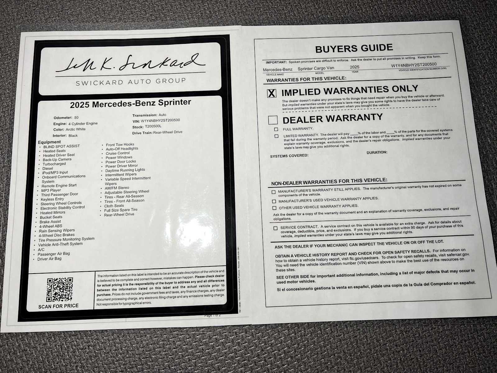 2025 Mercedes-Benz Sprinter Cargo Van 2500 Standard Roof I4 Diesel HO 144 RWD