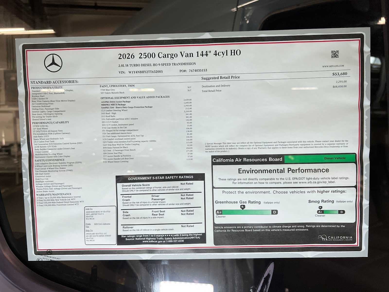 2026 Mercedes-Benz Sprinter Cargo 2500 Standard Roof I4 Diesel HO 144 RWD
