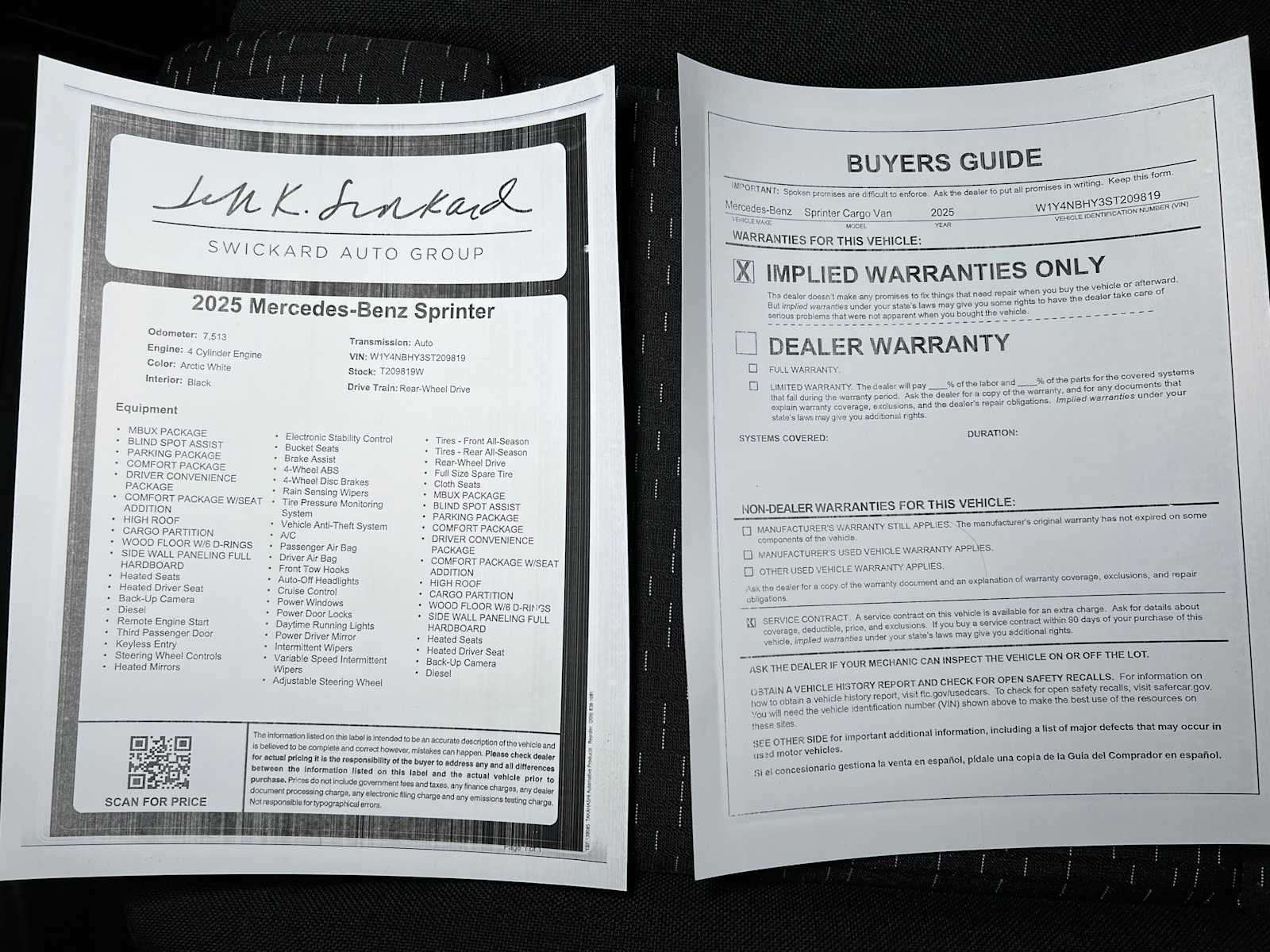 2025 Mercedes-Benz Sprinter Cargo Van 2500 Standard Roof I4 Diesel HO 144" RWD