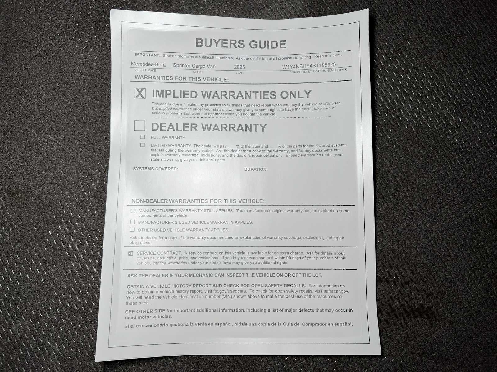 2025 Mercedes-Benz Sprinter Cargo Van 2500 Standard Roof I4 Diesel HO 144" RWD