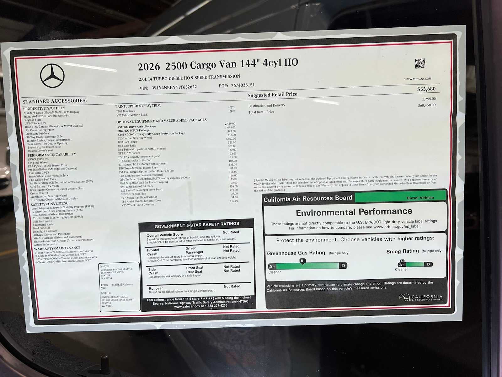 2026 Mercedes-Benz Sprinter Cargo 2500 Standard Roof I4 Diesel HO 144 RWD
