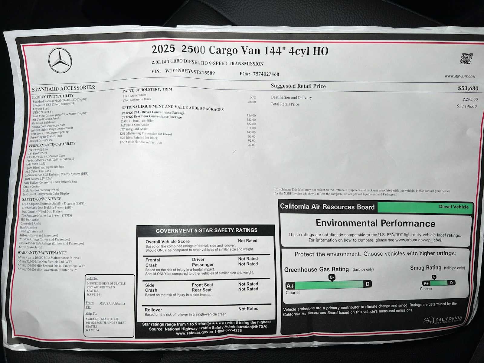 2025 Mercedes-Benz Sprinter Cargo Van 2500 Standard Roof I4 Diesel HO 144" RWD