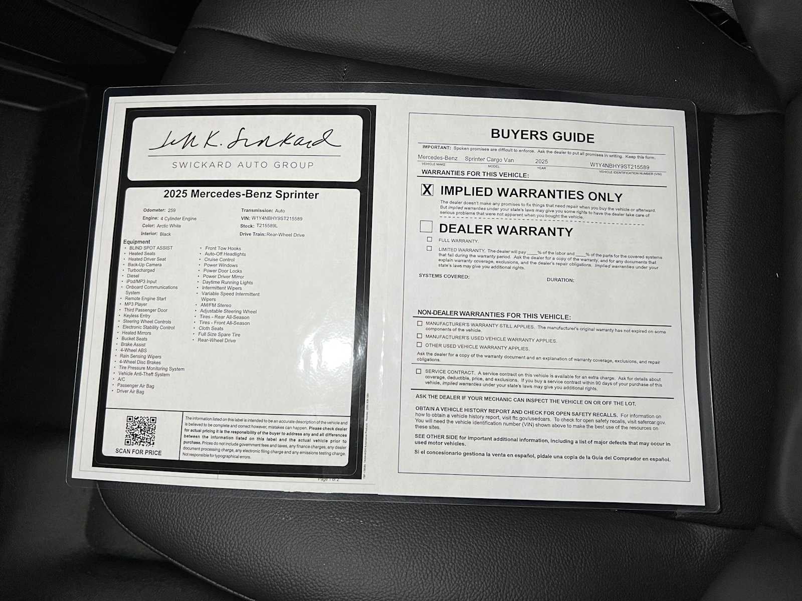 2025 Mercedes-Benz Sprinter Cargo Van 2500 Standard Roof I4 Diesel HO 144 RWD