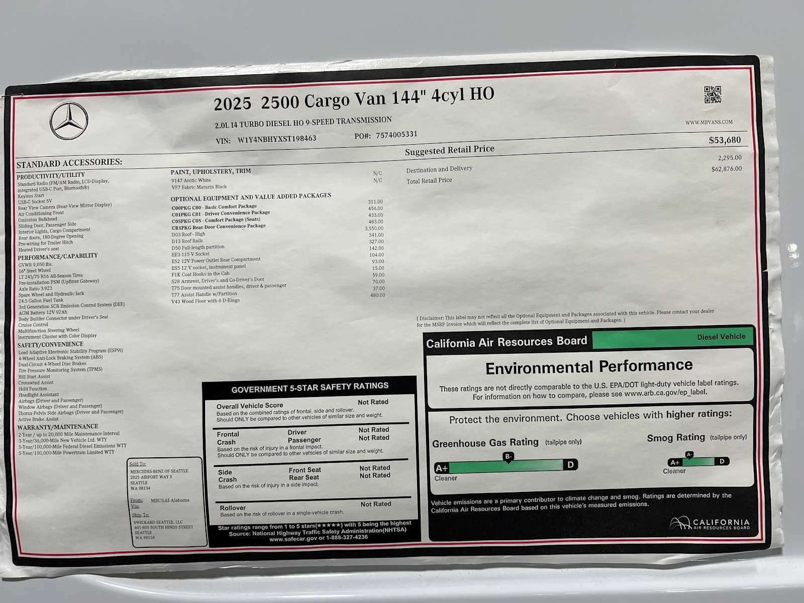 2025 Mercedes-Benz Sprinter Cargo Van 2500 Standard Roof I4 Diesel HO 144" RWD