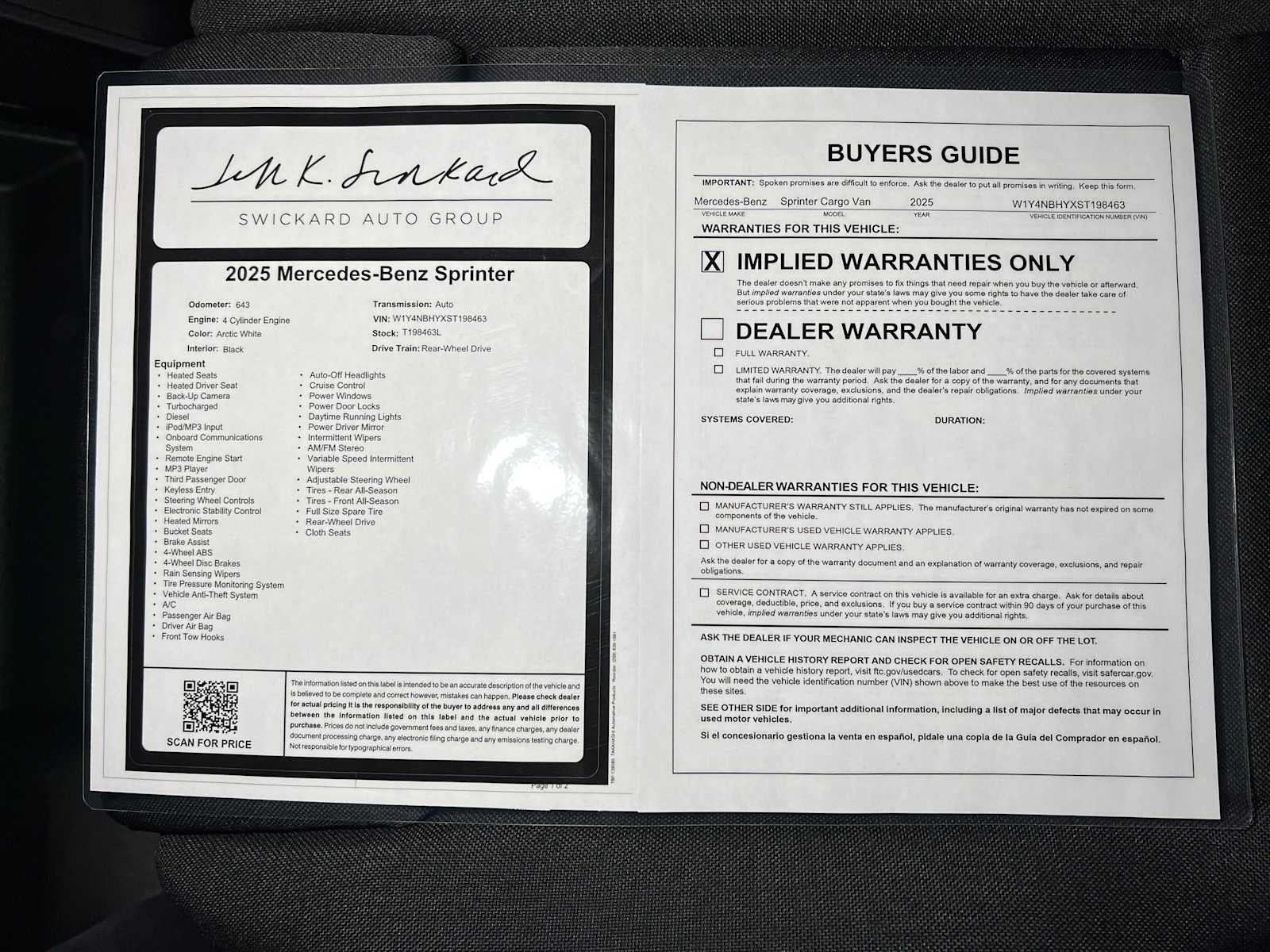 2025 Mercedes-Benz Sprinter Cargo Van 2500 Standard Roof I4 Diesel HO 144 RWD