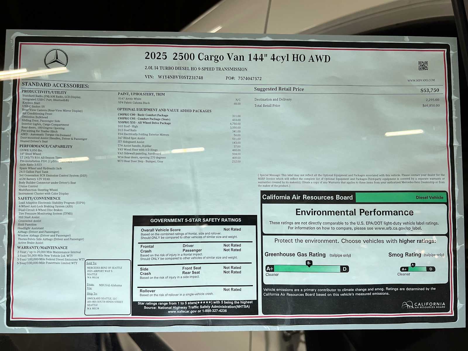 2025 Mercedes-Benz Sprinter Cargo Van 2500 Standard Roof I4 Diesel HO 144" AWD