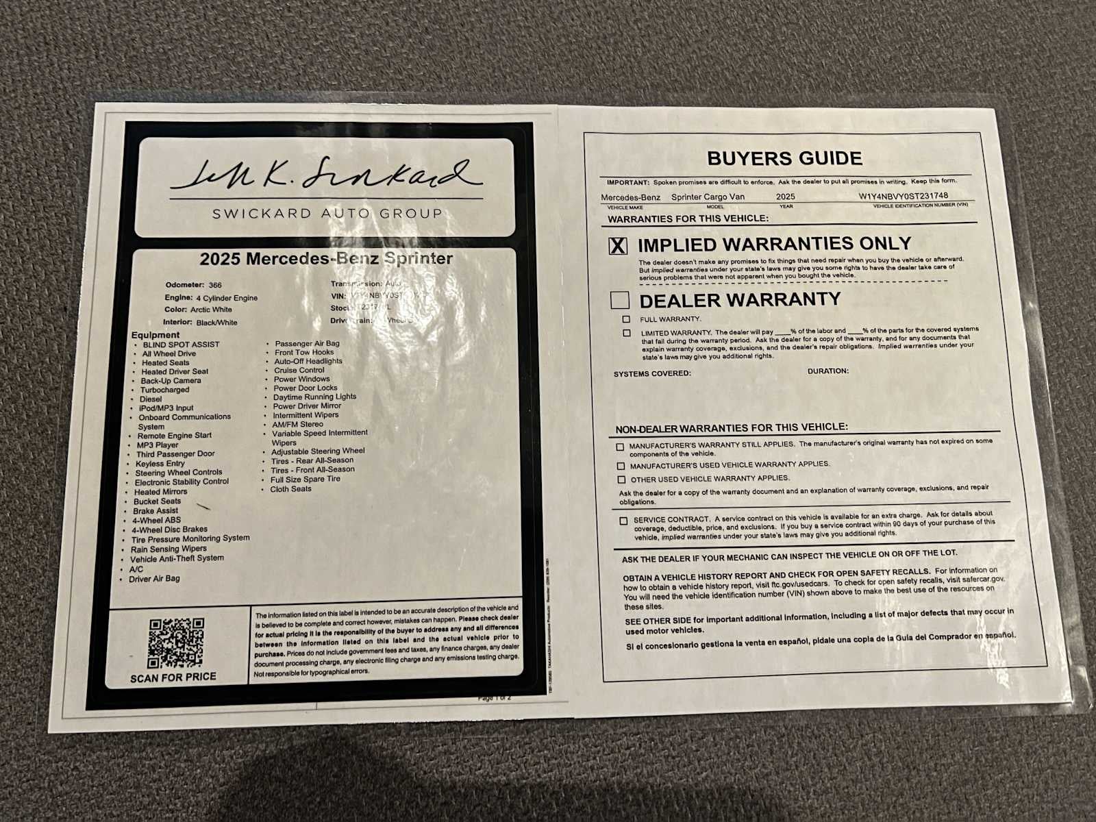 2025 Mercedes-Benz Sprinter Cargo Van 2500 Standard Roof I4 Diesel HO 144 AWD