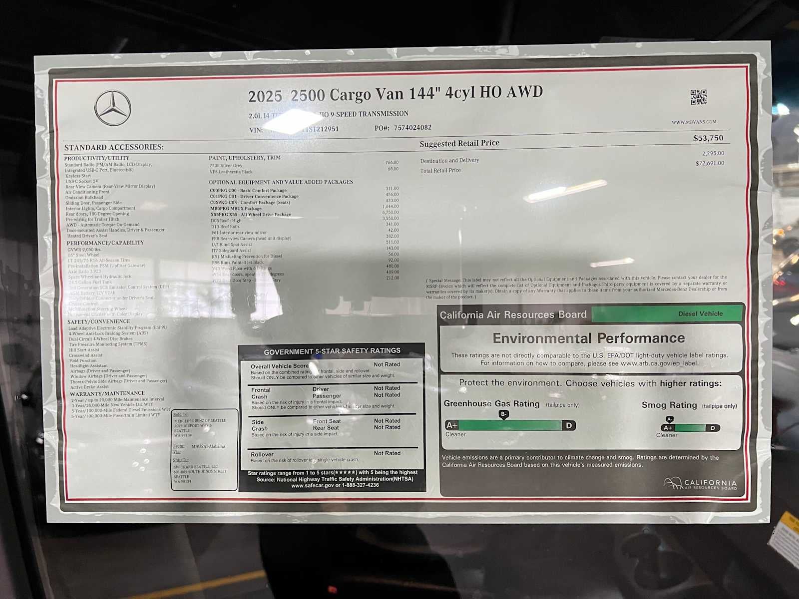 2025 Mercedes-Benz Sprinter Cargo Van 2500 Standard Roof I4 Diesel HO 144 AWD