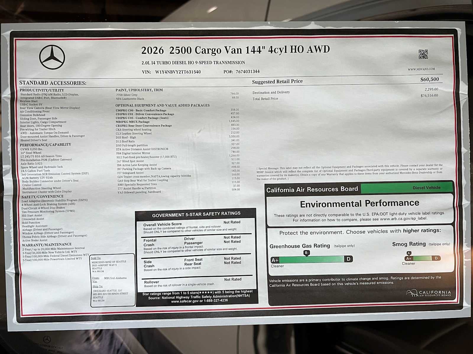 2026 Mercedes-Benz Sprinter Cargo 2500 Standard Roof I4 Diesel HO 144 AWD