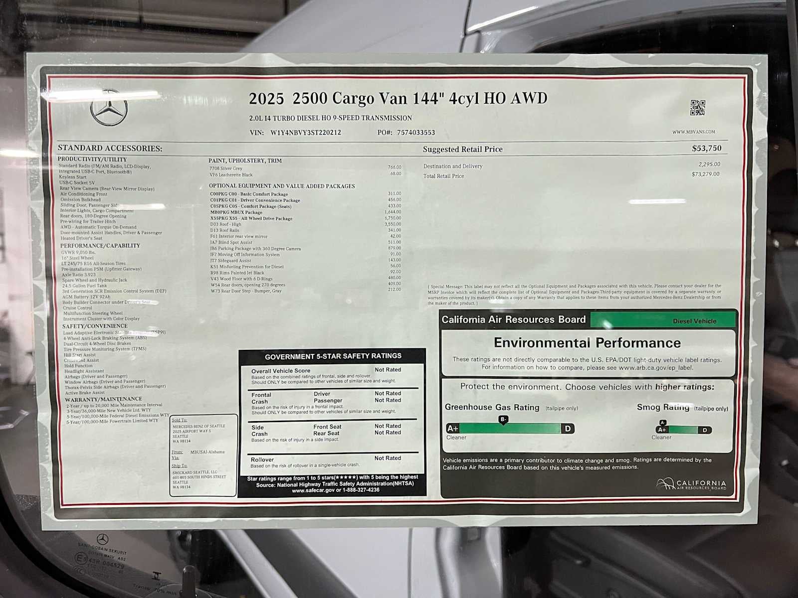 2025 Mercedes-Benz Sprinter Cargo Van 2500 Standard Roof I4 Diesel HO 144 AWD